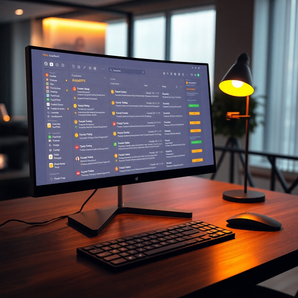 An ultra-detailed, hyperrealistic image (8K resolution) showcasing a virtual assistant's workspace, lit by warm, inviting light from a nearby lamp. The main subject is a large, curved monitor displaying a clean and organized email inbox.  The emails are categorized with color-coded labels, indicating priorities and subjects.  The color palette is warm and inviting, incorporating earthy tones and accents of gold.  The monitor rests on a sleek, black desk with a subtle wood grain texture.  A wireless keyboard and mouse are elegantly positioned nearby.  In the background, a blurred image of a modern, minimalist office is visible, creating a sense of professionalism. The image should be captured from a slightly low angle, looking up towards the monitor. The style should evoke the feeling of a high-end commercial shot in the style of Peter Lindbergh.  High-quality textures are crucial, showcasing the smooth surface of the monitor, the fine details of the keyboard, and the rich tones of the wooden desk. The mood is one of efficiency, organization, and quiet professionalism.