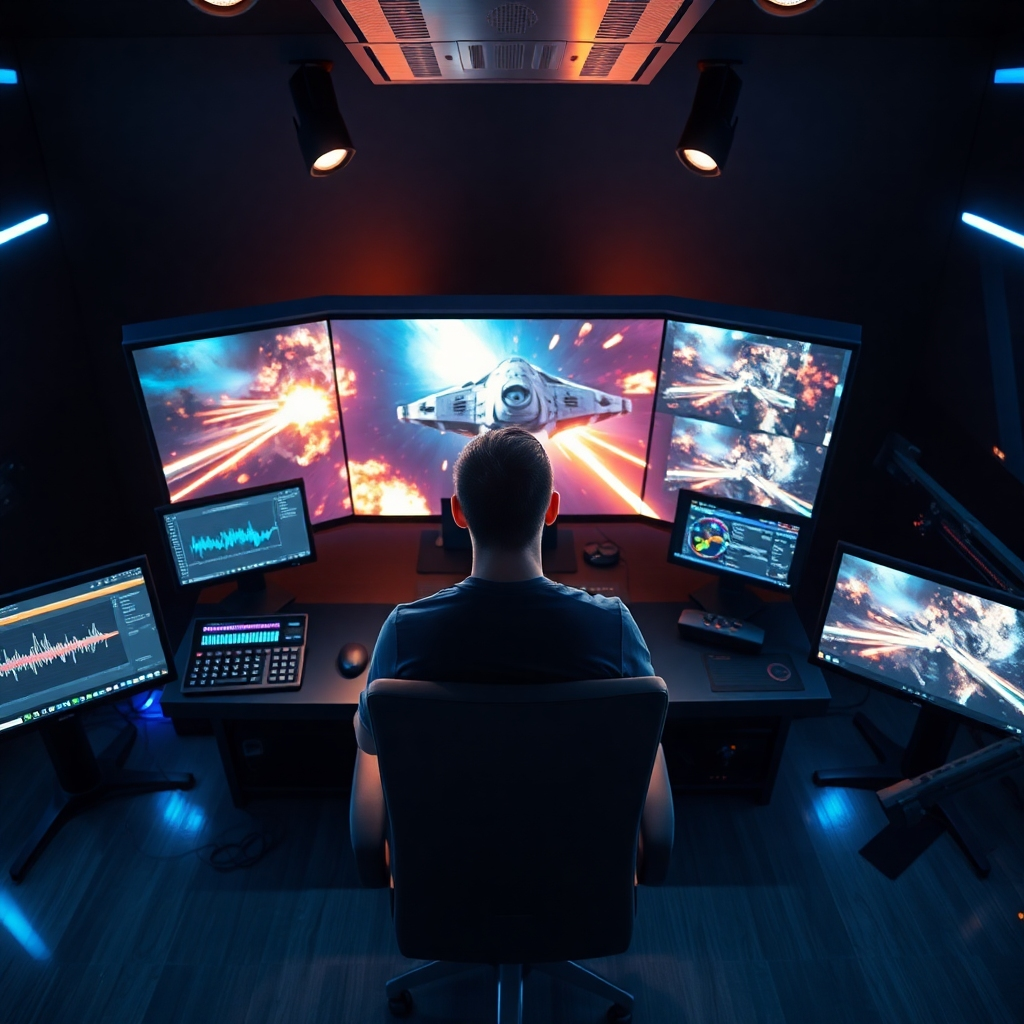 An ultra-detailed, hyperrealistic image (8K resolution) of a modern video editing suite. A young, focused video editor sits at a sleek workstation, surrounded by multiple monitors displaying various stages of a dramatic science fiction film.  The central monitor shows a close-up shot of a spaceship battling an alien mothership, with dazzling laser fire and explosions.  The surrounding monitors display sound waveforms, color grading palettes, and detailed visual effects. The lighting is a mix of cool blue ambient light from the monitors and warm, diffused light from overhead fixtures. The color palette is futuristic and vibrant, with cool blues, deep purples, and fiery oranges dominating the scene. The camera angle is a high angle, looking down on the editor, emphasizing their concentration and the intricacy of their work. Textures are highly realistic: the smooth surfaces of the monitors, the metallic keyboard and mouse, and the soft fabric of the editor's chair. The background features high-tech equipment, organized neatly, and suggests a clean, modern, and technologically advanced environment. The style is inspired by contemporary science fiction films and promotional materials, with a touch of David Fincher's dark, cinematic aesthetic. The image should exude professionalism, creativity, and technological mastery.
