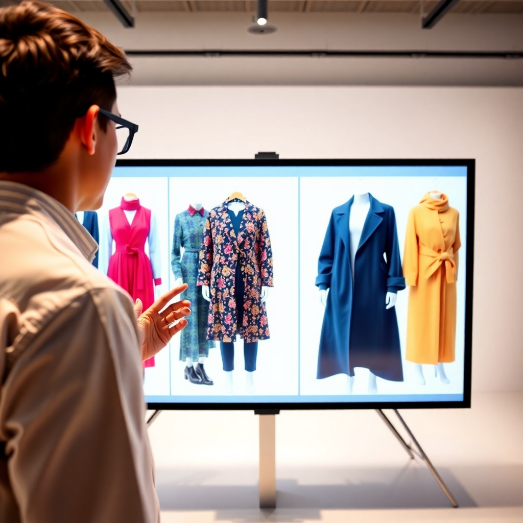 An ultra-detailed, hyperrealistic image (8K resolution) of a person using virtual try-on technology. The person is in front of a large interactive screen, viewing a selection of clothing items from an online store. The scene is brightly lit, with soft, even lighting to prevent harsh shadows. The color palette is vibrant, showcasing the rich colors and patterns of different outfits. The image is shot from a slightly low angle, focusing on the person's interaction with the screen and the realistic depiction of clothing on their avatar.  The virtual clothing is rendered with extremely high detail, showcasing texture and drape with accuracy. The background is a clean, minimalistic space. Focus is sharp and clear, exhibiting the detail of the clothing and the smooth interface of the virtual try-on technology. Aim for a style inspired by technological advancements in fashion, emphasizing futuristic yet functional design. The overall mood is one of innovation and convenience. The screen subtly reflects the person's face, suggesting immersion in the experience.