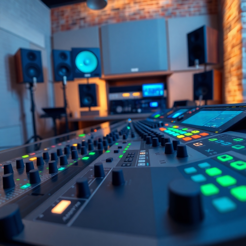 An ultra-detailed, hyperrealistic image of a custom-designed DJ music mixing console, lit with soft, diffused lighting, in a modern recording studio.  The console is composed of brushed aluminum, with glowing LED displays, showcasing a complex, highly detailed interface. The color palette features sleek greys and dark blues with accents of vibrant green LED lights.  The camera angle is a close-up shot, focused on the console's knobs, faders, and displays, capturing the texture of the various materials.  The background shows the soft glow of studio monitors and other professional audio equipment. The studio is clean and minimalistic with exposed brick walls. The overall mood is focused and professional. This image is in the style of a high-end product advertisement, showcasing the professional craftsmanship and technological prowess of the console. The image resolution is 8K, with extreme attention to detail in the textures and reflections of the equipment. The entire scene is impeccably clean, reflecting the quality and precision of custom music mixing services.