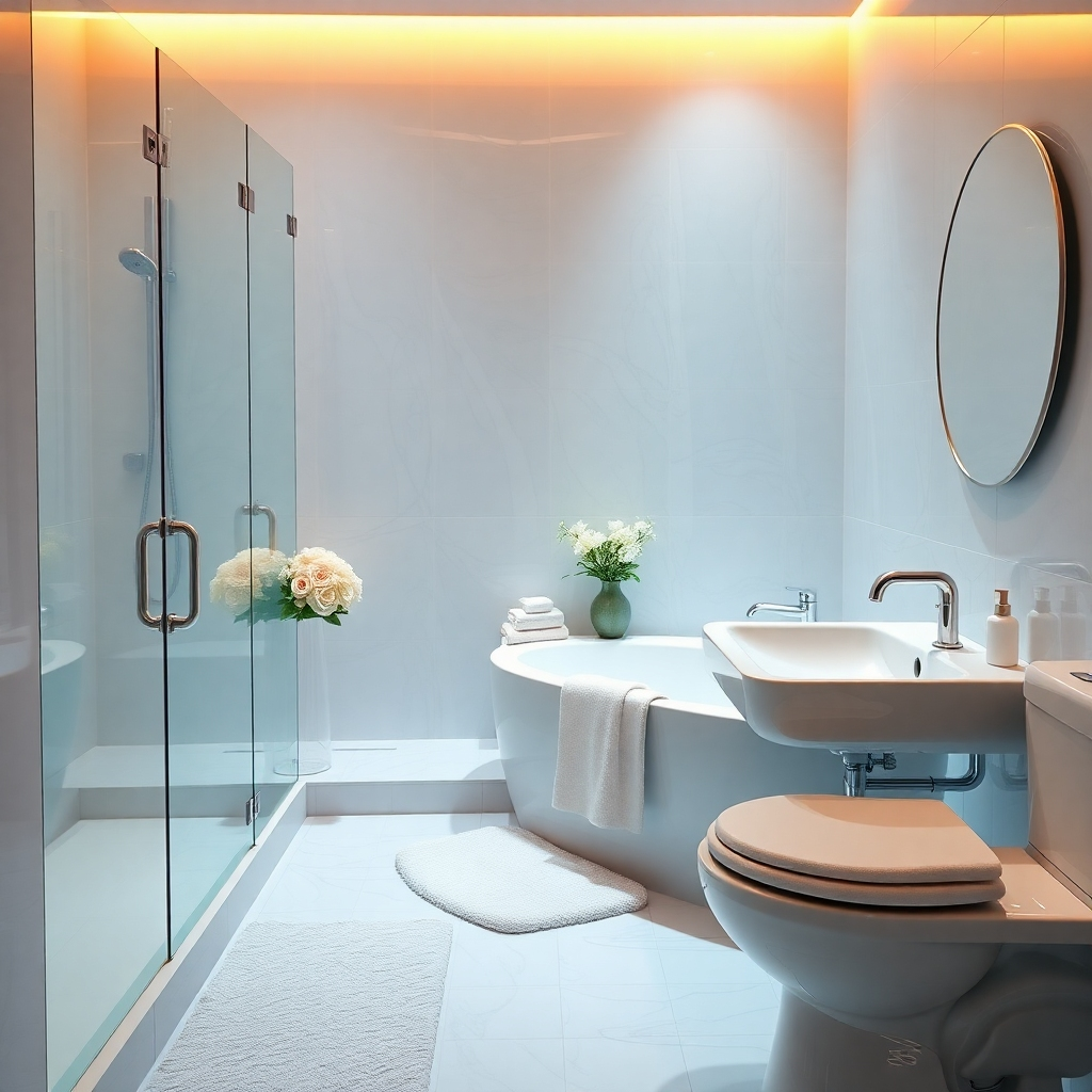 An ultra-detailed, photorealistic image of a master bathroom after a professional cleaning.  The lighting is soft and warm, creating a spa-like atmosphere. The color palette is calming, featuring cool blues and soft whites.  The camera angle is from a slightly low perspective, showcasing the gleaming surfaces of the shower, bathtub, and sink.  The scene should be hyperrealistic, with the textures and materials rendered with extreme precision: the smooth porcelain of the sink and tub, the shiny chrome of the fixtures, and the soft texture of the freshly laundered towels.  Environmental elements include a fluffy bathmat and fresh, fragrant flowers in a vase.  Props include neatly arranged toiletries and a sparkling clean toilet.   The overall mood is one of serenity and luxurious cleanliness.  The image should be 8K resolution and in the style of a high-end lifestyle photographer, focusing on the details and creating a luxurious feel.  Pay close attention to reflections and the clarity of the water droplets, conveying a sense of meticulous cleaning. The style should be inspired by the work of Steve McCurry and Gregory Crewdson.