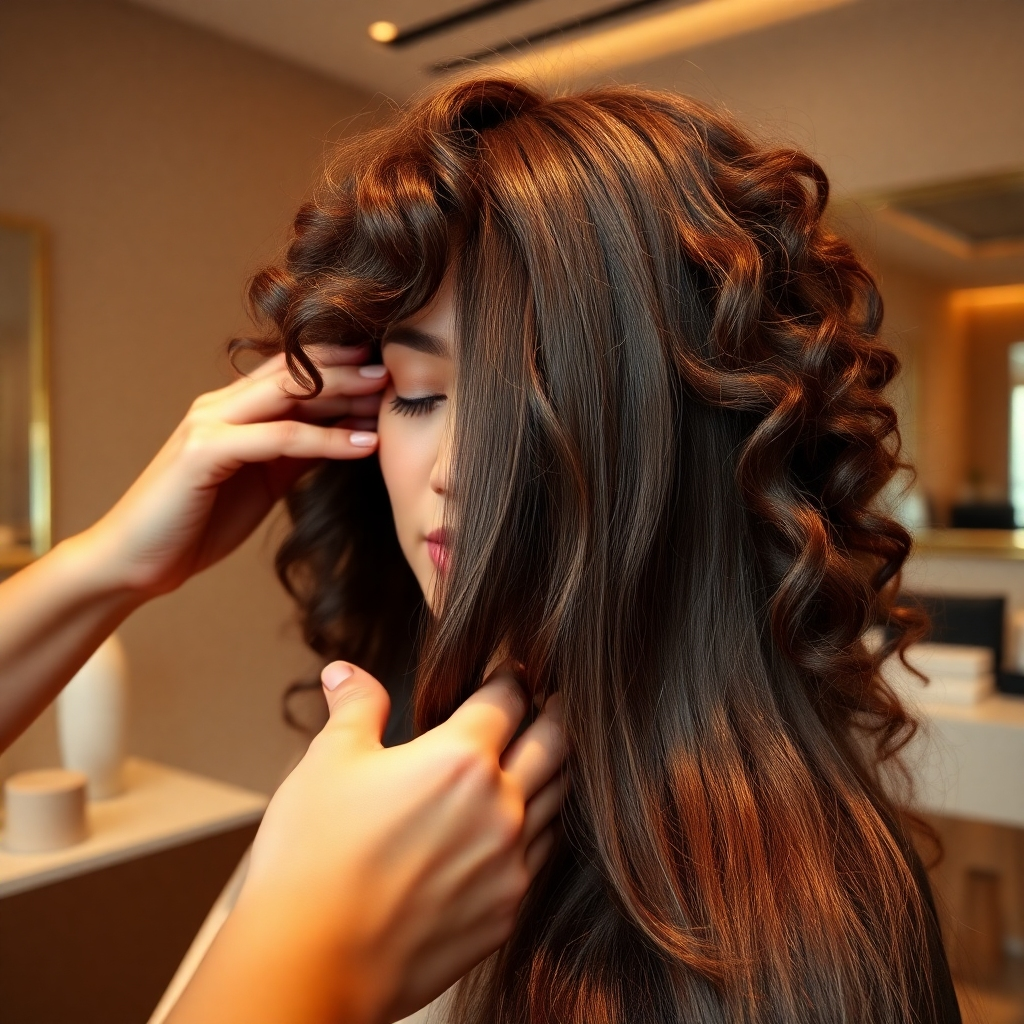 An ultra-detailed, photorealistic image (8K resolution) of a woman with thick, curly hair receiving a keratin treatment at a high-end hair salon.  The setting is luxurious, with soft, warm lighting highlighting the glossy shine of the woman's hair. The color palette is rich and warm, emphasizing the natural tones of the hair and the calming environment. The camera angle is slightly low, emphasizing the length and volume of the woman's hair.  The stylist's hands are clearly visible, gently applying the keratin product. The background features minimalist décor, with clean lines and neutral colors.  The image should showcase the transformation of the hair from frizzy and unruly to smooth and straight.  The hair should appear incredibly shiny and healthy, with individual strands clearly visible. The overall style should be reminiscent of a high-fashion editorial, with a polished and aspirational feel. Textures are paramount; the smoothness of the treated hair needs to be in stark contrast to the previously rough texture. Pay close attention to realistic details such as the subtle movement of the hair and the reflection of light on its surface.  Capture the feeling of transformation and luxury through meticulous detail and composition.