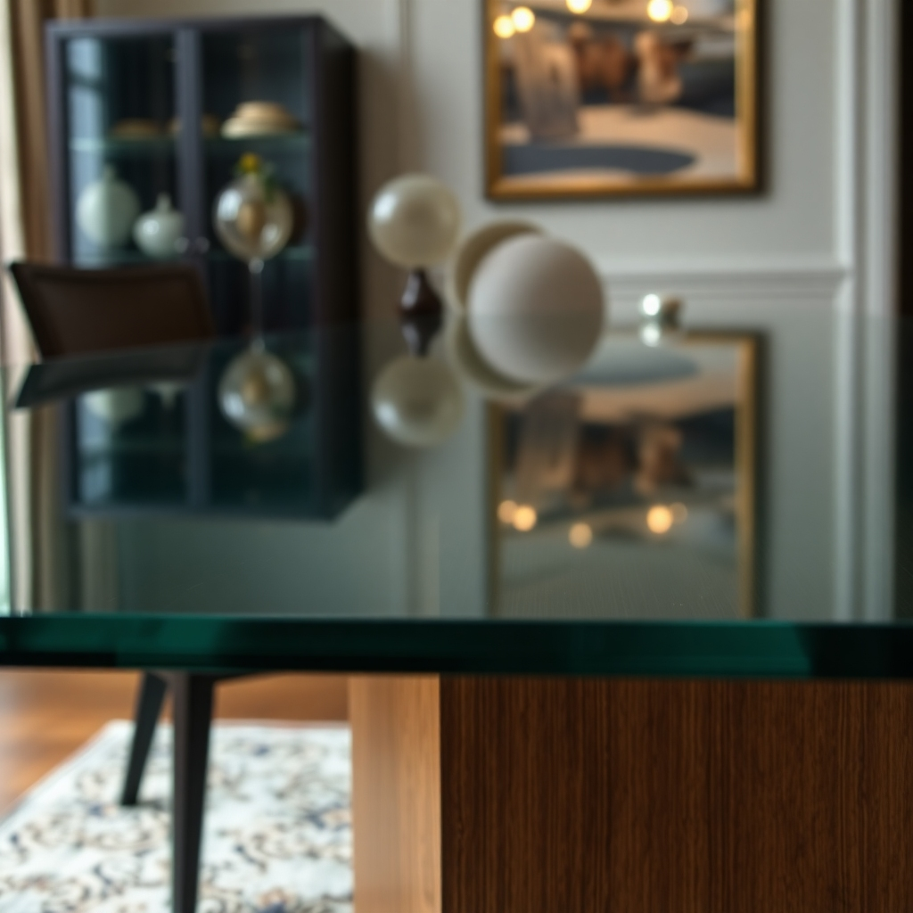 An ultra-detailed, photorealistic image in 8K resolution focusing on a newly installed glass tabletop. Dramatic side lighting casts subtle shadows and highlights, emphasizing the polished surface and the thickness of the glass.  The color palette is rich and nuanced, featuring the deep transparency of the glass against the warm tones of a wooden table base. The image should feature a close-up perspective, showcasing the clarity, and the flawless surface of the replaced glass.  The background is subtly blurred, suggesting a dining room setting with elegant decor. The scene includes fine details: the subtle reflections on the glass, the grain of the wood underneath, and the slight curvature of the tabletop edges. Texture details should emphasize the smooth, polished surface of the glass and the natural grain of the wooden base. The camera angle is directly above the tabletop, providing a clear view of the glass's flawless surface. The overall style should evoke high-end craftsmanship and luxury, similar to the photography found in high-end home decor magazines. The mood should be sophisticated and elegant.