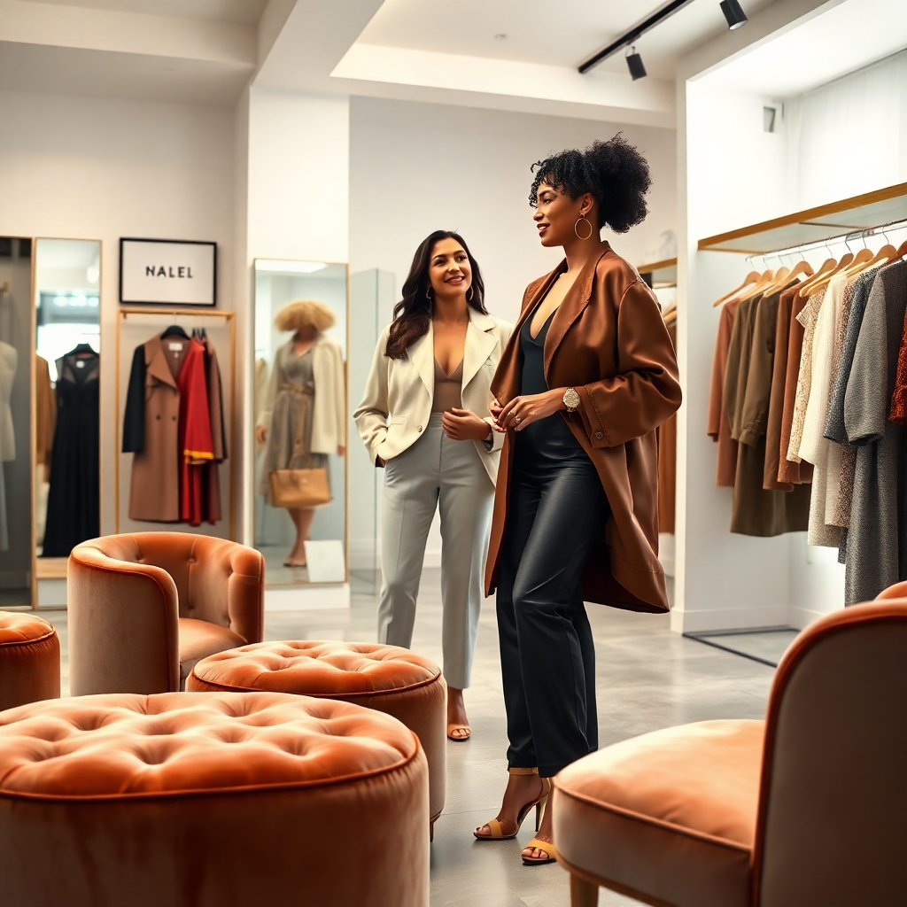 An ultra-high-definition (8K), hyperrealistic image depicting a stylish woman receiving a personal styling session in a luxurious, modern boutique. The lighting is soft and diffused, creating a warm, inviting ambiance. The color palette is rich and elegant, with neutral tones complemented by pops of jewel-toned accents in the clothing and accessories. The camera angle is slightly low, looking up at the woman and stylist as they collaborate on an outfit. The textures of luxurious fabrics (silk, velvet, leather) are precisely rendered, showcasing their sheen and drape. The stylist and customer are both engaged and smiling. The boutique is impeccably organized with high-quality clothing and accessories showcased on sleek displays.  Props include a comfortable seating area with plush velvet chairs and ottomans, full-length mirrors, and elegant clothing racks. The background features minimalist architectural elements such as white walls, polished concrete floors, and subtle art pieces. The style should evoke a sense of refined elegance and sophisticated style, similar to the work of renowned fashion photographers such as Mario Testino. The image should be remarkably detailed, portraying a serene and personalized shopping experience.