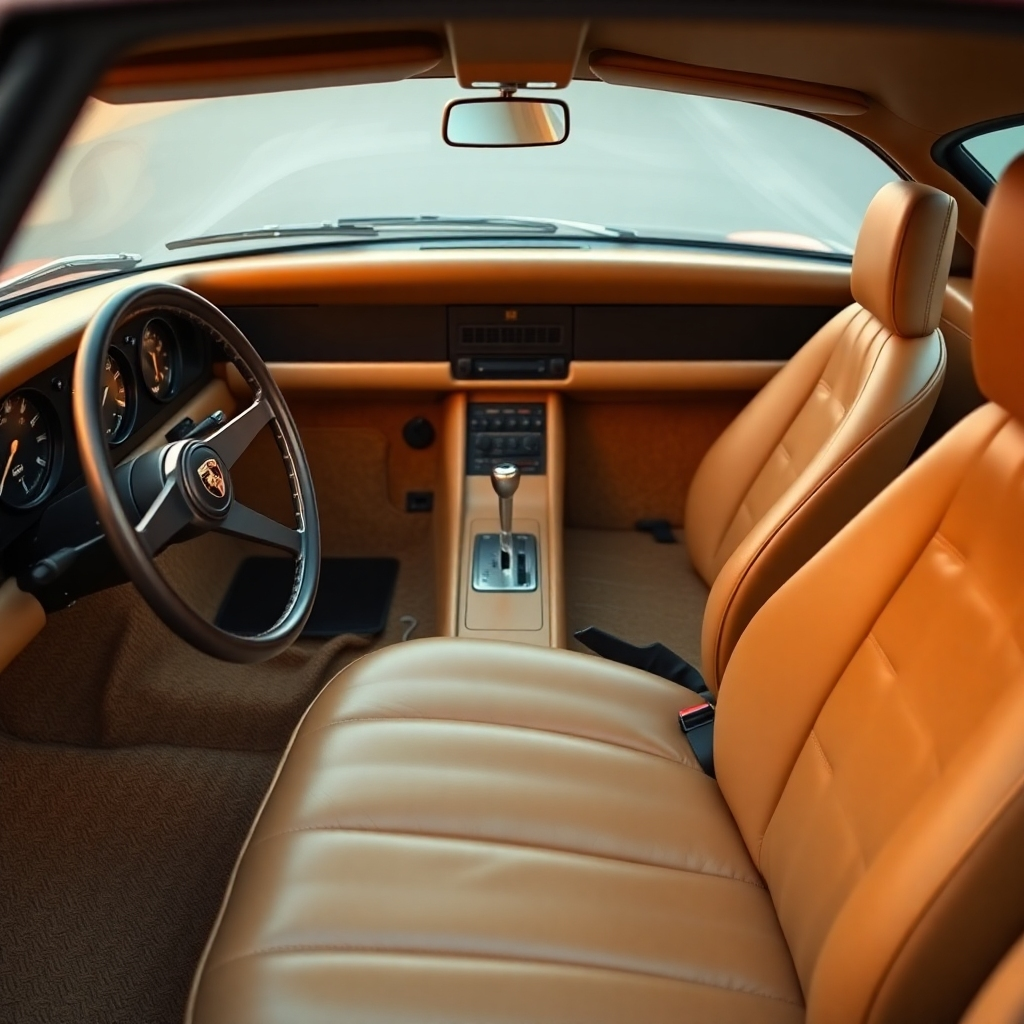 An ultra-high definition (8K), hyperrealistic image showcasing the interior detailing of a luxurious beige leather interior of a vintage Porsche 911. The image should feature soft, warm lighting highlighting the texture and detail of the leather seats, dashboard, and steering wheel. The camera angle is from the driver's seat, providing a perspective of the meticulous cleaning.  The color palette should be warm and inviting, with rich beige and brown tones dominating. The scene should convey a sense of luxury and meticulous craftsmanship.  Every detail should be visible – from the stitching on the seats and the grain of the wood trim to the gleam of the polished metal accents.  The background is blurred to focus attention on the interior. The image should evoke the style of high-end automotive advertising photography, emphasizing the pristine condition and luxurious feel of the car's interior.