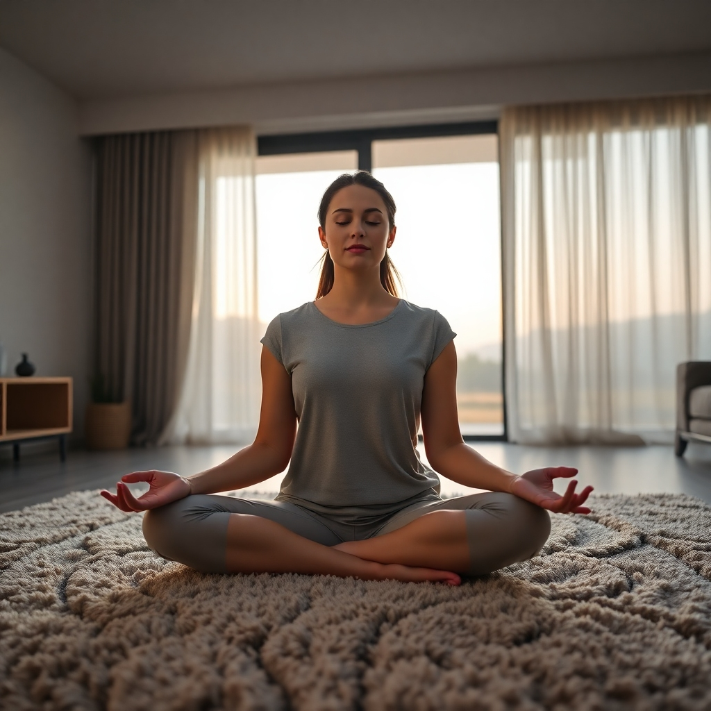 An ultra-high definition (8K) image, in the style of a National Geographic still photograph, depicting a serene woman sitting in a lotus position on a plush, textured rug in a minimalist, modern living room.  The lighting is soft and diffused, creating a calming atmosphere with warm, inviting colors.  The background features a neutral-toned wall and large windows with a view of a peaceful, tranquil landscape outside, partially obscured by sheer curtains.  The color palette is subdued and natural.  The camera angle is slightly elevated, providing a close-up view of the woman's peaceful expression.  Texture is emphasized in the rug, clothing, and background.  The image projects a sense of tranquility and relaxation.  The overall aesthetic is one of calm mindfulness and inner peace.  A subtle golden hour light softly illuminates her from the side, highlighting the details of her facial features and the texture of the rug.