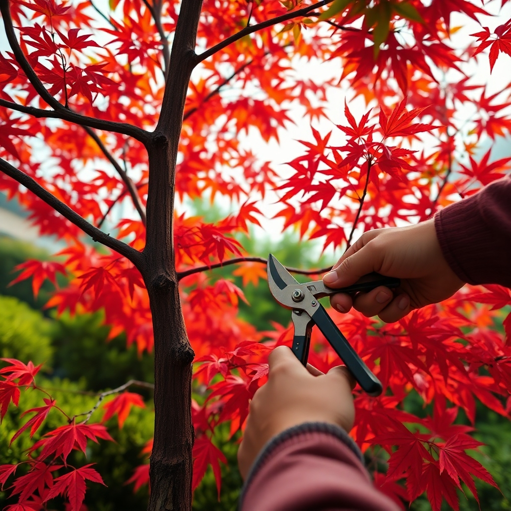 An ultra-high definition (8K) image showcasing the precise pruning of a Japanese Maple tree in a meticulously landscaped garden.  The image should focus on the arborist's skillful use of hand pruners, highlighting the clean cuts and attention to detail. Soft, diffused morning light creates a warm, inviting atmosphere. The color palette should be vibrant and rich, emphasizing the fiery reds and oranges of the autumn foliage. The camera angle is a low perspective, emphasizing the tree's graceful form and the arborist's precise movements.  The background includes lush greenery, suggesting a tranquil and elegant setting. The texture of the tree's bark, leaves, and the arborist's tools must be highly detailed. Style should be reminiscent of fine art photography, with a focus on the balance and beauty of nature. The scene should be rendered in hyperrealistic detail, showcasing the intricate textures and shapes involved in the pruning process.