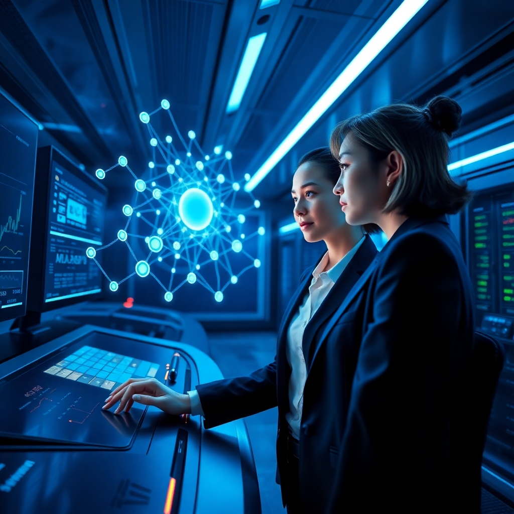 An ultra-high definition (8K), hyperrealistic image showcasing a futuristic, sleek control room bathed in cool, blue-toned lighting with subtle neon accents. The scene focuses on a female financial analyst, mid-30s, professionally dressed, interacting with a holographic projection displaying a complex network of interconnected nodes representing a decentralized asset management system.  The color palette is predominantly blue and grey, conveying a sense of technology and security.  The camera angle is slightly low, looking up at the analyst and the holographic projection, creating a dynamic perspective.  Materials include smooth glass surfaces, polished metal, and high-tech fabrics.  The background features advanced computer servers and futuristic screens displaying real-time financial data.  Props include a touch-sensitive control panel and a futuristic stylus. The style is inspired by Syd Mead's futuristic designs, emphasizing a sense of control and technological sophistication. The image must be photorealistic and ultra-detailed, capturing the intricate details of the holographic projection and the analyst's expressions.