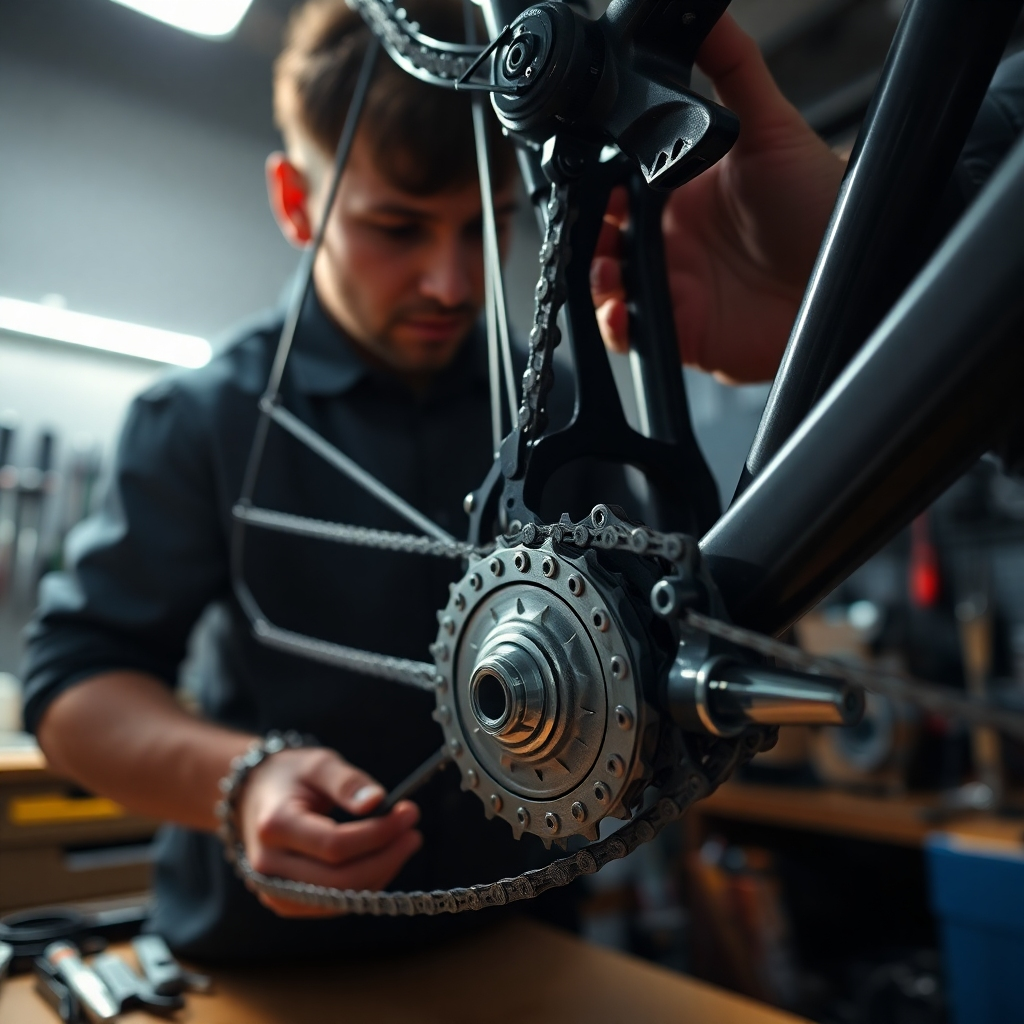 An ultra-high-definition (8K) photorealistic image showcasing a bike mechanic performing a complete drivetrain overhaul on a mountain bike. The scene is brightly lit, using soft, diffused lighting to avoid harsh shadows and highlight the details of the components. The color palette is rich and vibrant, with the metallic sheen of the chain, cassette, and derailleurs standing out against the dark background. The camera angle is a slightly low, close-up perspective, capturing the mechanic's focused concentration and the intricate details of the components. The texture of the chain, cassette, and other parts is clearly visible, showing wear, grease, and the smooth surfaces. The background is a clean and organized workbench, with neatly arranged tools, creating a professional and efficient atmosphere. The overall mood is one of precision and expertise.  The image should be in the style of a National Geographic close-up, highlighting textures and details with exceptional clarity.  Additional details such as a partially disassembled derailleur and specialized tools should be included. The final image should be hyperrealistic and ultra-detailed, reflecting a high level of skill and precision.