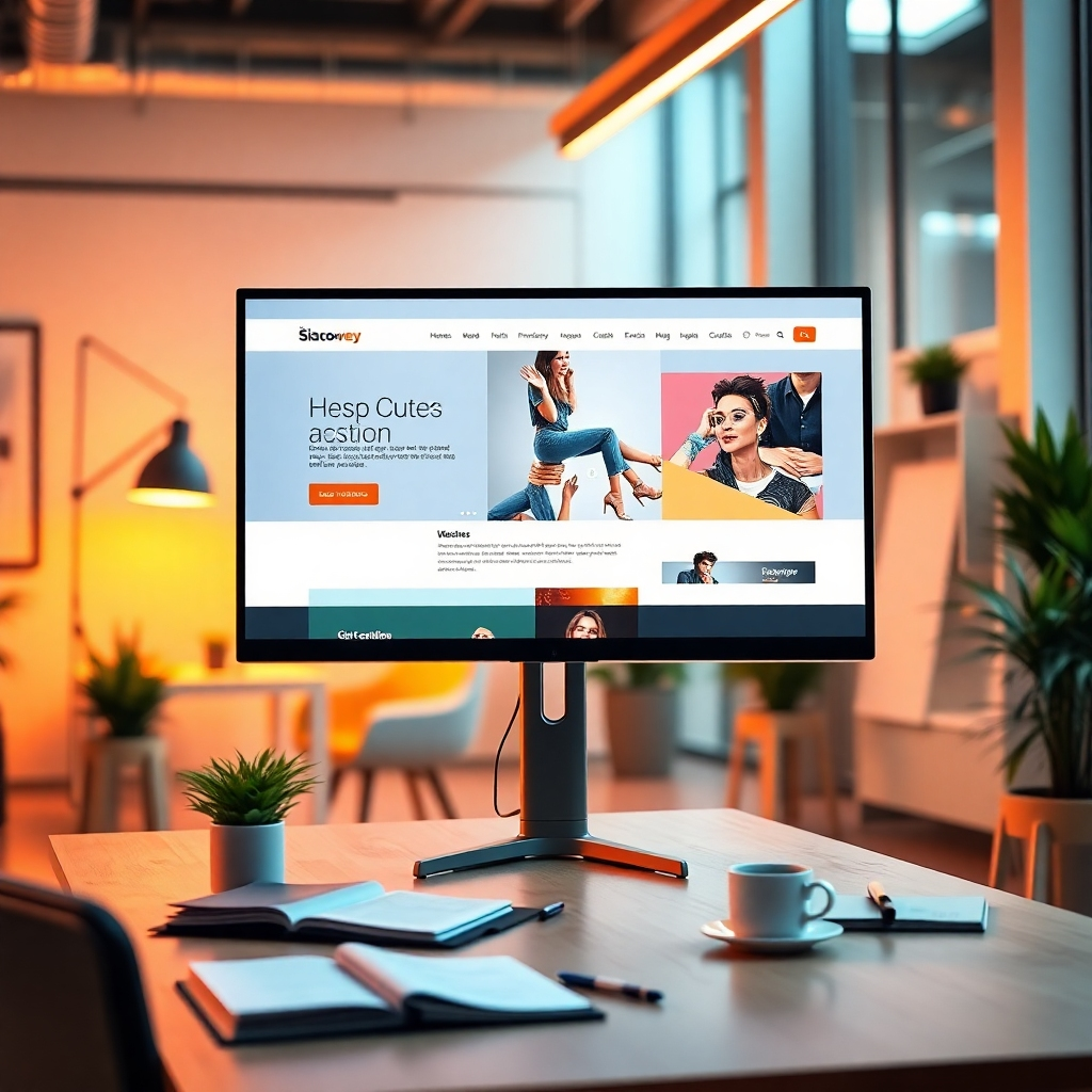 An ultra-high definition (8K), hyperrealistic image showcasing a custom-designed website on a large monitor. The monitor is positioned in a modern, brightly lit office setting, with soft, warm lighting enhancing the overall mood. The color palette is vibrant and reflects a lively, creative energy. The website design is innovative and modern, featuring bold typography, captivating visuals, and a unique layout. The camera angle is a slight overhead shot, offering a comprehensive view of the monitor's screen and the surrounding workspace.  The website displays interactive elements, subtle animations, and smooth scrolling effects, conveying a sense of dynamism and engagement. The textures of the monitor's surface and surrounding objects are extremely detailed and realistic, giving it a tactile feel. Environmental elements include modern office furniture, plants, and relevant props such as a designer's sketchbook and a cup of coffee, subtly enhancing the scene's overall context. The image style is similar to the work of Annie Leibovitz, emphasizing the human element within a professional context. The background is softly blurred to draw focus to the detailed website design on the screen.