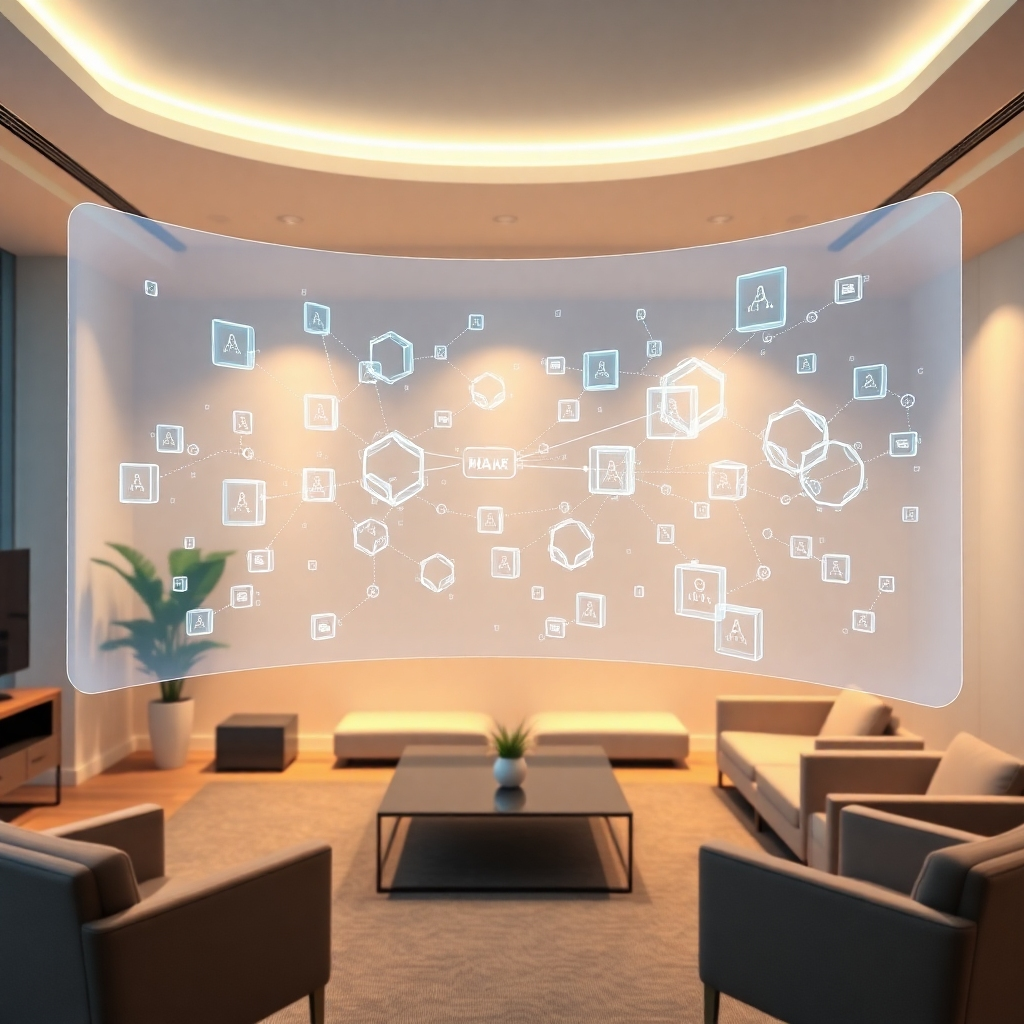 An ultra-high-definition (8K) image showcasing a transparent, interactive 3D model of a blockchain network.  The model is displayed on a large, curved holographic screen in a modern, minimalist office. Soft, warm lighting creates a welcoming and professional environment.  Each block in the chain is clearly visible, with data flowing dynamically between them, indicating real-time transactions.  The data is presented in a clean, easily understandable manner, using a color-coded system and clear visual cues. The camera angle is slightly elevated, providing a clear view of the entire screen. The background features muted colors and simple furniture, ensuring the focus remains on the holographic display.   The scene should evoke a feeling of trust and security, emphasizing the transparency and efficiency of the system.   The style should be inspired by the clean lines and futuristic design aesthetics of Apple product photography.  The image should be incredibly detailed, with emphasis on realistic lighting effects and textures, including reflections on the holographic screen.