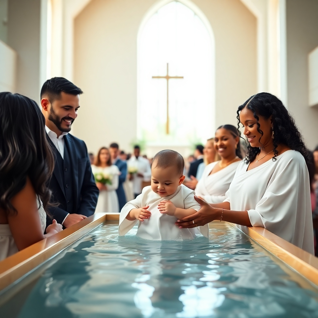 An ultra-high definition (8K) photorealistic image depicting a baptism ceremony in a modern church. The scene is brightly lit with soft, natural light pouring in from large windows, creating a warm and inviting atmosphere. The color palette is soft and serene, focusing on pastel shades of blue and white.  The main focus is on the baptism itself, with a baby or adult being gently immersed in a baptismal font.  The camera perspective is slightly elevated, capturing the entire ceremony from the front.  Focus on the texture of the water, the soft folds of the white baptismal robe, and the emotional expressions on the faces of the parents and family members present.  The family is predominantly Caucasian and African American, reflecting a diverse congregation. The church architecture should be modern and minimalist, with clean lines and a spacious interior. Include soft, airy textures of white fabrics, smooth stone, and polished wood.  The style should emulate the work of contemporary photographers focusing on candid shots that capture genuine emotion. The background elements might include flowers and a few supporting church members.  Ensure the overall mood is one of joy, hope and new beginnings.