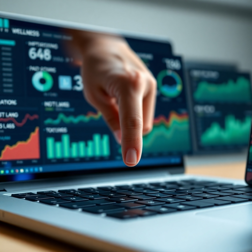 An ultra-high definition (8K) image depicting a close-up shot of a wellness consultant's hand hovering over a laptop keyboard, fingers poised above the keys. The background is a blurred image of various digital marketing dashboards showcasing various paid advertising metrics (impressions, clicks, conversions etc).  The scene is bathed in soft, diffused lighting creating a professional yet welcoming atmosphere. The color palette is sophisticated yet calming, composed of deep blues, subtle greens, and muted grays. The image focuses on a sense of control and deliberate action.  The texture of the laptop keys, the smoothness of the consultant’s skin, and the subtle reflections on the screen need to be highly realistic and detailed. Props are kept minimal; only the laptop and the background dashboards are visible. The perspective is from a slightly elevated angle, giving a clear view of the action about to occur. The overall style emulates the work of Steve McCurry, capturing the essence of precision and focused effort. The image conveys a sense of power, control and success in digital advertising.