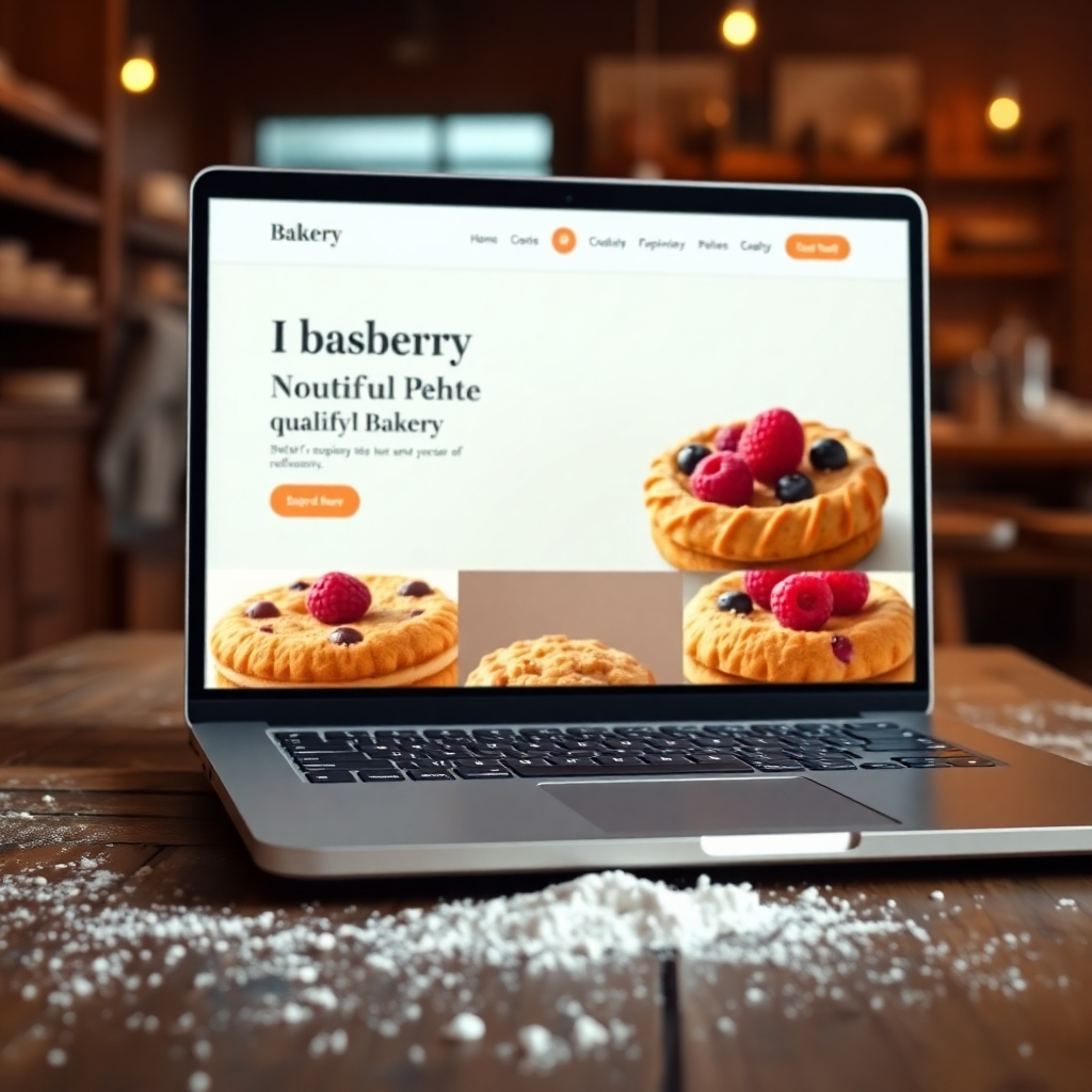 An ultra-high-definition (8K), photorealistic image of a laptop displaying a beautifully designed website for a fictional bakery. The website showcases high-quality images of various pastries, each with visible texture and delicious detail (e.g., crumbs, glazes).  The overall aesthetic is clean, modern, and inviting, with a color palette of warm creams, golden browns, and pops of deep red from berries in the pastries. The website’s typography is elegant and readable, using a mix of serif and sans-serif fonts. The lighting is soft and warm, casting gentle shadows that enhance the three-dimensionality of the pastries. The perspective is from a slightly elevated angle, looking down at the laptop screen. The laptop sits on a rustic wooden table with a scattering of flour, and the background features a blurred view of the bakery’s cozy interior.  The image incorporates subtle motion blur on the scrolling website elements to suggest interactivity. The image style is inspired by the website design work of leading agencies such as ustwo and IDEO. The texture and detail are rendered with hyperrealistic precision. The overall mood is inviting, comforting, and appetizing.