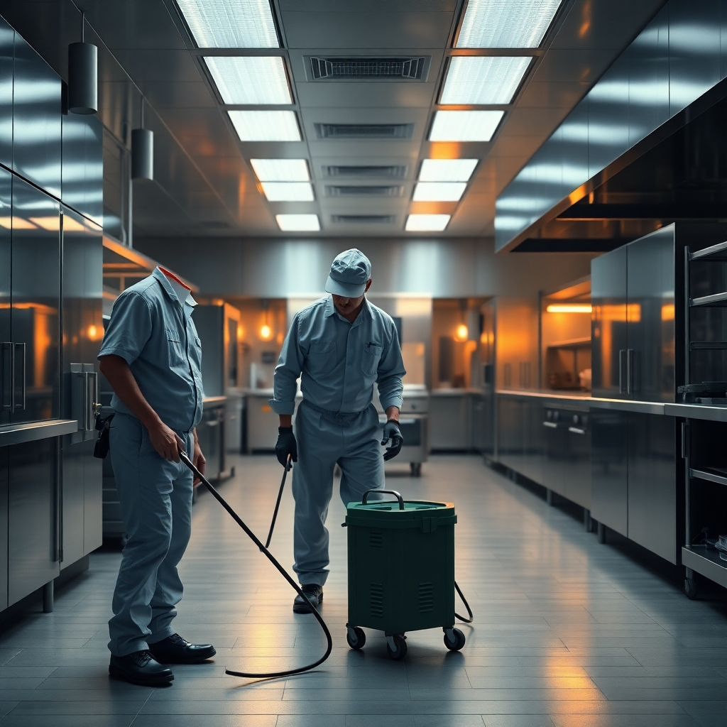 An ultra-high definition (8K) photorealistic image, in the style of a professional commercial photography. The scene showcases a team of two pest control technicians working efficiently in a large commercial kitchen during the late evening. Dramatic side lighting accentuates the scene's cleanliness and order, casting subtle, elongated shadows. The color palette emphasizes cleanliness and professionalism—cool greys, stainless steel, and warm, subdued lighting. The camera angle is slightly elevated, showcasing the technicians' focused work.  Textures include smooth stainless steel surfaces, the rough texture of tiled floors, and the crisp finish of the technicians' uniforms. The background includes a spotless commercial kitchen with industrial equipment. Environmental elements focus on cleanliness and hygiene. Props include specialized pest control equipment, like traps and monitoring devices. The mood is one of calm efficiency and professionalism.  The image should convey a sense of meticulous detail and expertise.