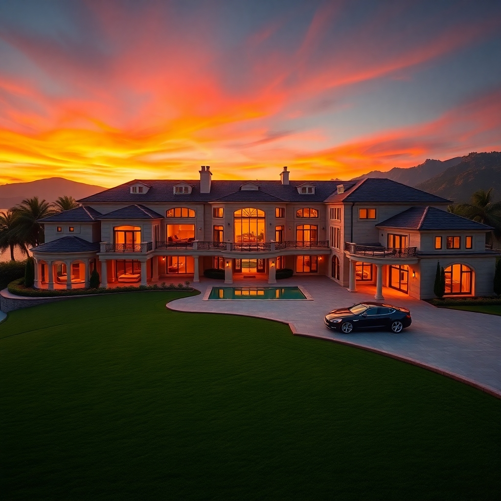 An ultra-high definition (8K), hyperrealistic image showcasing a breathtaking luxury home at sunset.  The composition features a wide shot of the home's exterior, emphasizing its grand architecture and immaculate landscaping. Dramatic side lighting casts long shadows, highlighting architectural details and creating a sense of depth and grandeur. The color palette consists of warm sunset hues of oranges, reds, and deep blues, creating a luxurious and aspirational mood. The camera angle is slightly elevated, providing a sweeping view of the property and its surrounding landscape. Textures are meticulously detailed, from the smooth, polished stone of the facade to the lush greenery of the manicured lawns.  Environmental elements include a perfectly manicured lawn, a sparkling infinity pool, and a picturesque backdrop of mountains or a serene ocean. Luxurious cars subtly parked on the driveway. The image is inspired by the architectural photography of Eric Laignel, capturing both detail and ambience. The overall style is sophisticated, elegant, and aspirational.