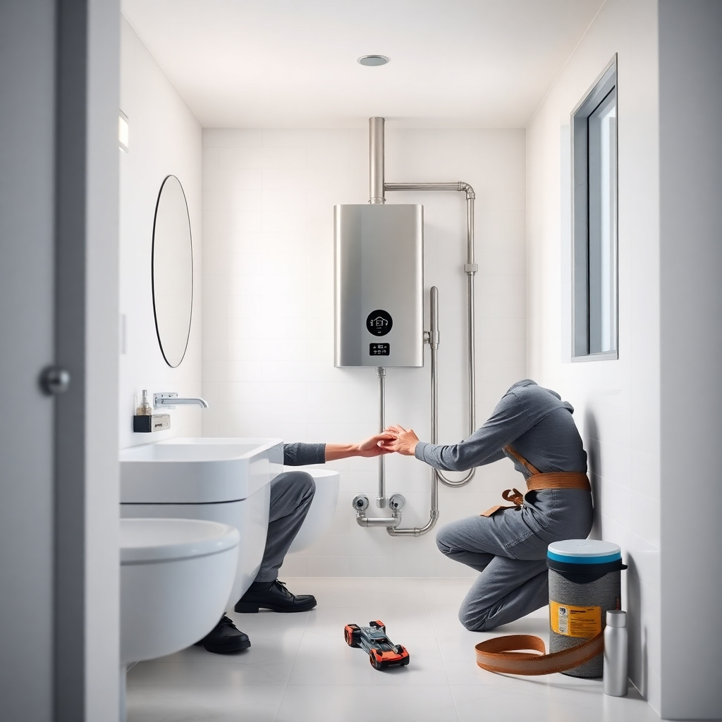 An ultra-high-definition (8K resolution), photorealistic image depicting the installation of a new tankless water heater in a contemporary bathroom.  The lighting is soft and diffused, creating a clean and modern look, similar to the style of a Scandinavian design magazine. The color palette features calming whites, soft grays, and the subtle metallic tones of the water heater.  The perspective is from a slightly elevated angle, showing the plumber carefully connecting pipes with a focus on detail and precision in the installation. The scene is set in a bright, spacious bathroom with modern fixtures and clean lines. Textures should be highly realistic, including the metallic sheen of the water heater, the smooth surface of the tiles, and the texture of the pipes. The image should evoke a sense of professionalism and efficiency. Props should include specialized plumbing tools neatly organized, and safety equipment visible. The background should be kept relatively minimal to focus on the installation. The style should reference architectural photography showcasing clean lines and functional beauty. The overall image is meant to inspire confidence in the quality of workmanship and the professional approach to plumbing services. The level of detail should be exceptional, highlighting the expertise and care taken during the installation.