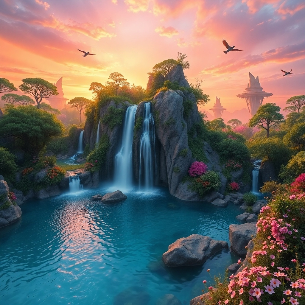 An ultra-high definition fantasy landscape featuring a majestic waterfall cascading into a crystal-clear pool, surrounded by lush, vibrant vegetation. The sky is a vivid mix of oranges, purples, and pinks, suggesting a magical sunset. The light is soft and diffused, casting long shadows and highlighting the intricate details of the flora. The camera angle is high, providing a panoramic view of the scene.  The materials include smooth water, textured rocks, and delicate flowers.  The environment showcases flying creatures among the trees and mysterious floating islands in the distance. The style references the fantastical landscapes of Frank Frazetta and Thomas Kinkade, with hyperrealistic detailing, creating an ethereal atmosphere.  8K resolution, hyperrealistic rendering, ultra-detailed textures.