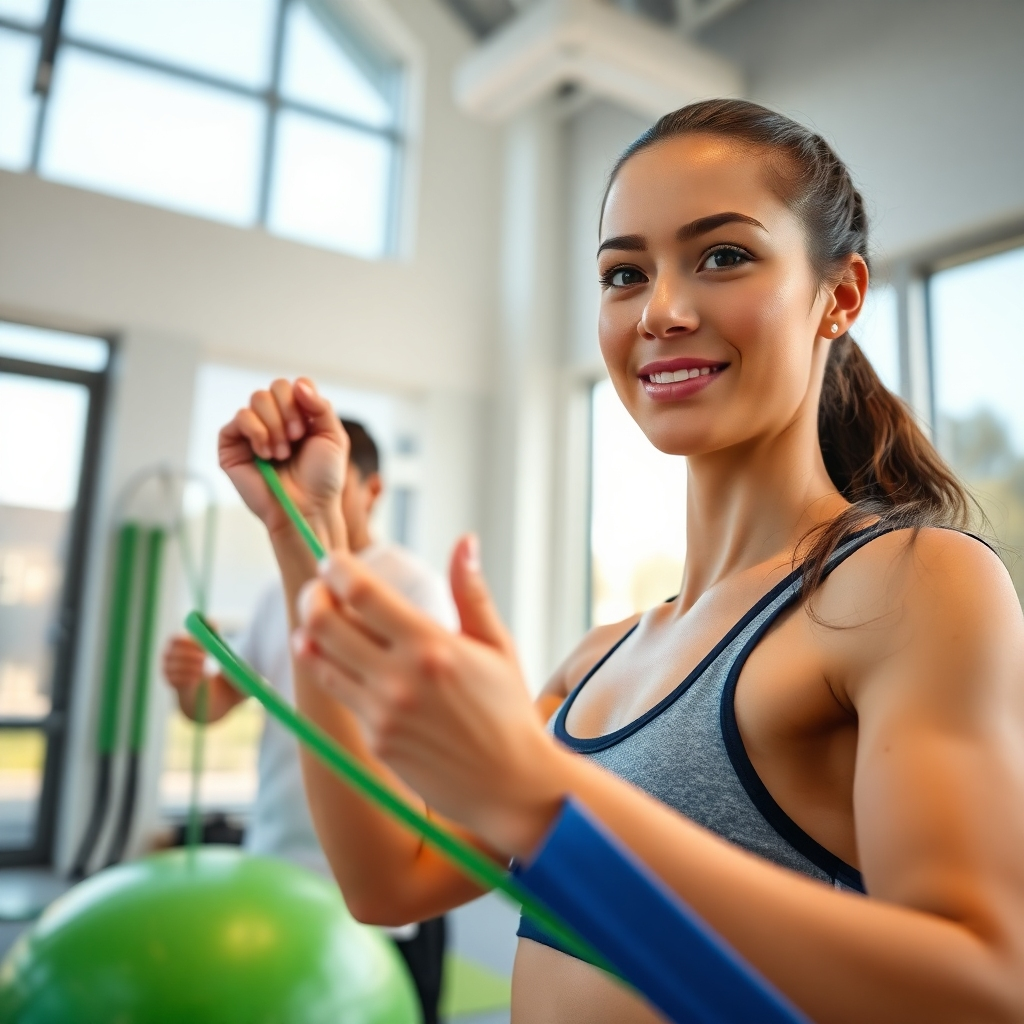 An ultra-high definition, hyperrealistic image of a young female athlete receiving sports injury rehabilitation.  She's in a brightly lit, modern sports clinic with large windows letting in soft natural light, creating a warm, inviting atmosphere. The color palette includes vibrant blues, greens, and whites, evoking energy and vitality. The camera angle is from a slightly low perspective, creating a sense of dynamism and showcasing the athlete's determined expression. The scene includes various sports physiotherapy equipment (e.g., resistance bands, balance ball, foam roller), strategically placed to show the rehabilitation process. The physiotherapist is clearly visible, guiding the athlete's movements with attentive care. The image's texture should highlight the athlete's toned muscles and the smooth texture of the equipment. The overall mood is hopeful, strong, and positive, conveying a sense of recovery and progress. Style reference: Steve McCurry. Render in 8k resolution.