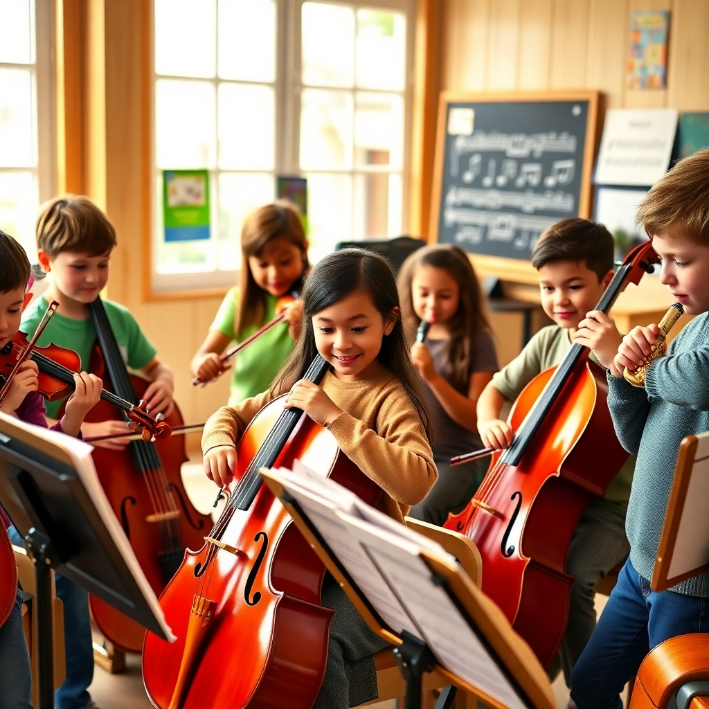 An ultra-high-definition, hyperrealistic image of a vibrant instrumental group class.  The setting is a bright, spacious music room with large windows letting in soft, natural light.  The color palette is cheerful and energetic, with primary colors accented by warm wood tones. The composition centers on a diverse group of students, aged 8-12,  actively engaged in playing a variety of instruments (violin, cello, flute, clarinet).  The camera angle is slightly low, creating a dynamic perspective that emphasizes the students' energy.  Detailed textures are crucial:  the polished wood of the instruments, the smooth fabric of the students' clothing, the worn pages of sheet music. The background includes musical posters, instrument cases, and a blackboard with musical notation.  The style is inspired by the bright, optimistic photography of Steve McCurry.  The mood is lively and collaborative. The image should capture the joy of learning music together. Emphasize the detailed expressions and postures of each child and their interaction with the instructor.  Capture the realism in individual instrument details.