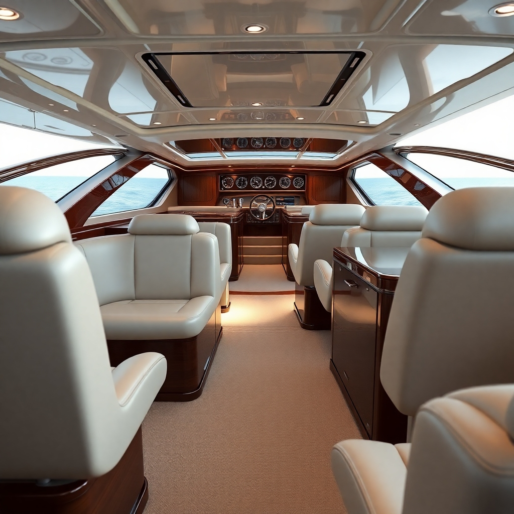 An ultra-high definition, hyperrealistic image showcasing the interior of a meticulously detailed luxury yacht cabin. Soft, diffused lighting illuminates the plush, cream-colored leather seating, polished wood surfaces, and gleaming chrome accents. The air is clean and fresh, with subtle reflections visible on the polished surfaces. The camera angle is from a seated position, looking towards the helm, which should be clearly visible with all instruments illuminated. The image should capture the feeling of opulence and comfort, with rich textures evident in the upholstery, wood grain, and carpets. The color palette consists of warm earth tones, such as browns and creams, accented by the cool shine of polished chrome and glass.  The background shows hints of an ocean view through large windows. The overall style is reminiscent of high-end automotive photography, highlighting the exquisite details and materials. The image conveys a sense of relaxation, luxury, and comfort, emphasizing the pristine cleanliness and quality of the interior detailing. The scene should be meticulously rendered with 8K resolution and lifelike clarity.