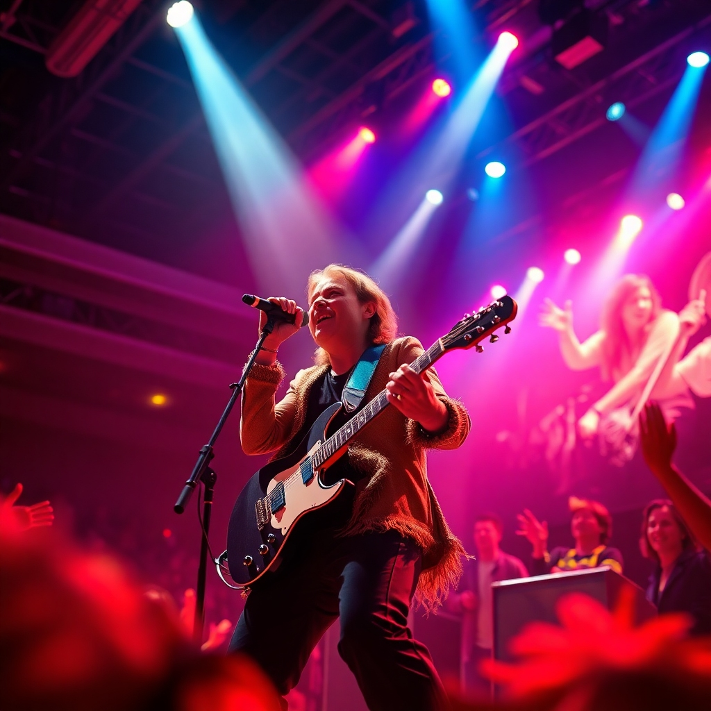 An ultra-high-definition, hyperrealistic image of a vibrant concert scene. The focus is on the lead singer of a band performing on stage, bathed in dramatic stage lighting with a strong spotlight highlighting their face and instrument. The color palette is rich and dynamic, with saturated colors in costumes and lighting that accentuate the energy of the performance.  The camera angle is low, capturing the excitement from a fan's perspective, showcasing the dynamic interplay of light and shadow on stage.  The textures of the instruments, the clothing, and the audience are highly detailed and realistic. The background includes a blurred but detailed image of a cheering crowd. The style should evoke the vibrant energy of a live concert, reminiscent of the style of famous concert photographers. The overall lighting should reflect the dynamic atmosphere, showcasing both bright and dark areas for contrast and depth. The image should be rendered at an 8K resolution to fully capture the incredible detail and realism required.