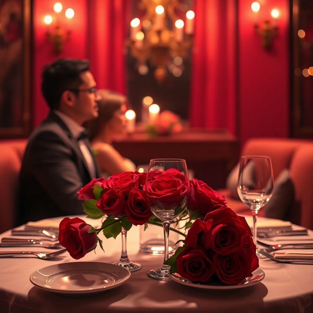 An ultra-high definition, hyperrealistic image of a romantic private dining experience. The scene is set in a secluded, candlelit corner of a restaurant, with soft, warm lighting creating a romantic atmosphere.  The color palette consists of deep reds, soft pinks, and warm golds.  A table for two is set with elegant silverware, fine china, and crystal glassware. A lush bouquet of red roses sits as a centerpiece. The background is subtly blurred to emphasize the intimacy of the foreground. The camera angle is from a slightly low perspective, looking up at the couple, emphasizing their closeness. Textures are rendered with extreme detail: the velvety texture of the rose petals, the smooth surface of the wine glasses, the intricate details of the silverware. The overall mood is intimate, passionate, and romantic. The style is reminiscent of classic romantic photography, with a touch of modern sophistication. Include soft, romantic music notes gently floating in the air, suggesting a live performance nearby.  The image should have a depth of field emphasizing the intimacy of the foreground, with soft bokeh in the background. The image should be 8k resolution with meticulous attention to detail and textures, in the style of Mario Testino's romantic photography.