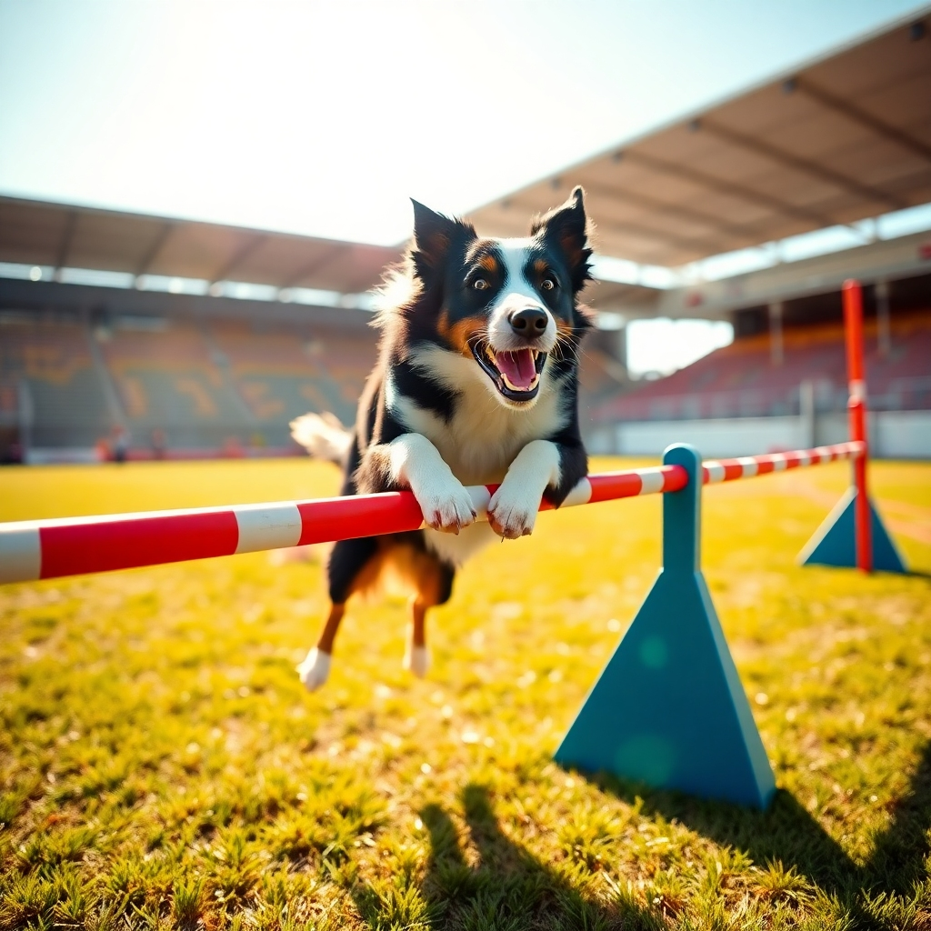 An ultra-high definition, hyperrealistic image of a Border Collie navigating an agility course. The setting is an outdoor arena on a bright, sunny day with vibrant, saturated colors. The lighting is dramatic, with strong backlighting accentuating the dog's muscles and movement. The camera angle is dynamic, capturing the dog mid-leap over a hurdle. The texture of the dog's coat, the agility equipment (brightly colored, sturdy materials), and the ground (natural grass with subtle texture variations) should all be highly detailed. The background should be slightly blurred to keep the focus on the dog. The mood should be energetic and exciting.  Style reference:  National Geographic wildlife photography. The overall composition should evoke a sense of speed, agility, and athleticism. The image should be in 8k resolution, hyperrealistic, and ultra-detailed, focusing on capturing the sharp detail of the dog's movement.