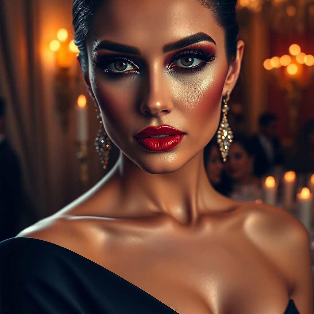 An ultra-high definition, hyperrealistic image of a woman with dramatic, glamorous makeup, perfect for a red-carpet event.  The lighting is dramatic side lighting, highlighting the sharp contours of her face and adding depth to her features. The color palette is rich and bold, featuring deep reds, smoky purples, and shimmering gold accents. The camera angle is a close-up, focusing on her eyes and lips.  The texture of her skin is flawless and radiant, while her makeup is meticulously applied, with attention to detail in the sharp lines of the eyeliner and the perfectly sculpted brows. She's wearing a luxurious, low-cut, black gown, with subtle diamond embellishments near the neckline. The background is a softly blurred, sophisticated event space, with hints of candles and gold detailing. The overall mood is one of confidence and allure. The style reference is the work of Steven Meisel, capturing his signature dramatic and high-fashion aesthetic. The image should be in 8K resolution, showcasing intricate details like individual hairs, lashes and subtle makeup textures.  The image should convey a sense of elegance and sophistication.