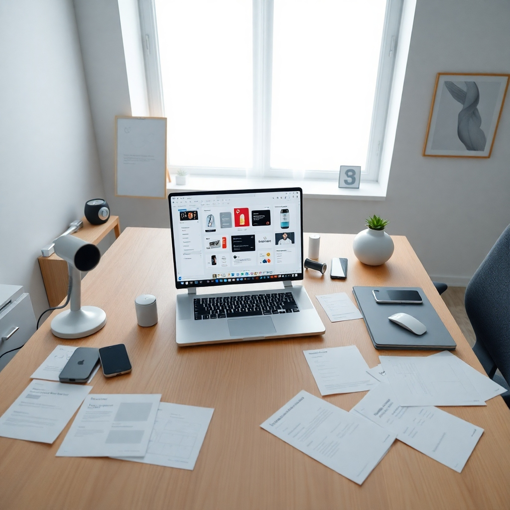 An ultra-high definition image, 8K resolution, depicting a designer's workspace. The scene is brightly lit with soft, diffused daylight from a large window, creating a clean, modern aesthetic. The color palette consists of whites, greys, and subtle blues, conveying a sense of calm and precision.  The camera angle is a high-angle shot, capturing the entire desk. The main focus is on a laptop screen showcasing a highly detailed, interactive wireframe prototype of a mobile application.  The desktop shows various design software interfaces with colorful icons and clean UI elements. There are scattered printouts of wireframes and user flows around the laptop. The materials are smooth, sleek surfaces of modern office equipment. The image should show textures like the subtle grain of a wooden desk, the matte finish of a laptop, and the slightly rough texture of the paper printouts. The background subtly features minimalist design elements and artwork creating a professional atmosphere.  The style should mimic the clean, minimalist aesthetic of Apple product photography. The image should convey focus and precision.