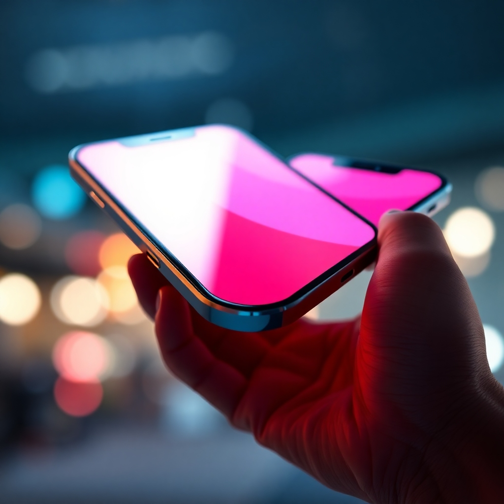 An ultra-high definition image, rendered in hyperrealistic detail, showcasing a close-up of a sleek smartphone displaying a vibrant, custom-designed mobile application. The background should be subtly blurred, maintaining focus on the phone. The lighting should be dramatic, with a soft, diffused light source highlighting the app's interface and a subtle rim light accenting the phone's edges. The color palette should be modern and vibrant, reflecting the app's functionality and brand identity.  The camera angle should be slightly above the phone, creating an engaging perspective.  The phone's smooth glass surface and metallic frame should be meticulously rendered, conveying a sense of high-quality design. Textures should include the smooth glass screen, metallic frame, and the subtle texture of the user's finger interacting with the screen. The image should exude a sense of modern technology and user-friendly design.  Style reference: Peter Lindbergh.  The overall mood should be sleek, sophisticated, and innovative.