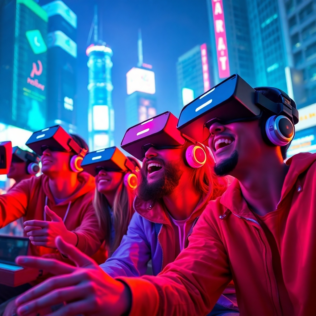 An ultra-high definition image, in the style of a cinematic video game trailer, showcasing a diverse group of friends intensely engaged in a virtual reality multiplayer game.  The scene is vibrant and dynamic, set in a futuristic, neon-lit cityscape.  The lighting is a mix of dramatic spotlights highlighting the players' actions and ambient neon glows reflecting off their VR headsets. The color palette is vibrant and futuristic, featuring electric blues, pulsating greens, and contrasting neon pinks and purples. The camera angle is dynamic and action-oriented, rapidly shifting perspectives to highlight individual player moments, employing a fast-paced editing style similar to that of modern game trailers. The image should be hyperrealistic, rendering the details of the VR headsets, the players' expressions, and the intricate details of the game environment. The textures of the futuristic materials and environments should be highly detailed and sharp. The background shows a futuristic cityscape with towering holographic advertisements and futuristic vehicles. The overall mood should be exciting and exhilarating, showcasing the thrilling experience of playing immersive multiplayer games. The image should evoke a feeling of high-energy interaction and shared excitement.