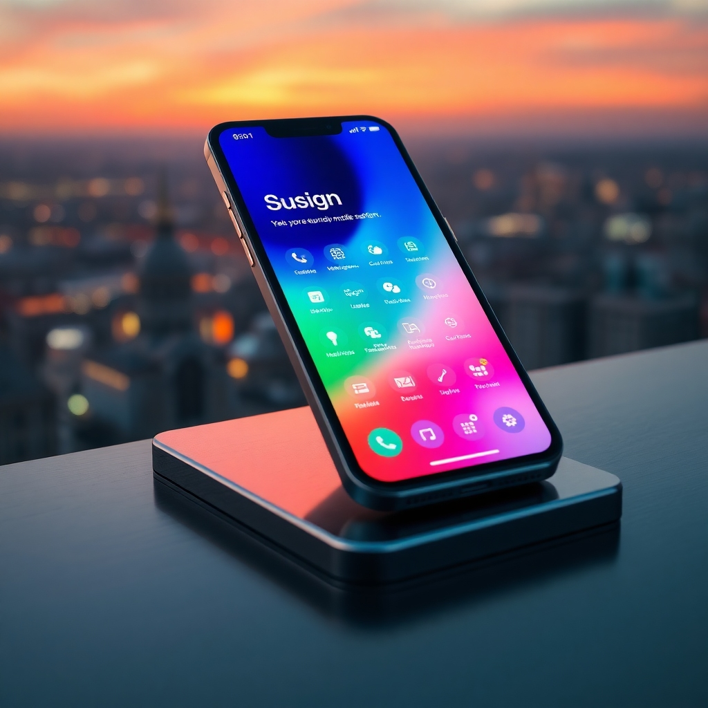 An ultra-high definition, photorealistic image (8K resolution) showcasing a sleek smartphone displaying a vibrant, user-friendly mobile application interface.  The phone rests on a polished, dark grey metal surface, with dramatic side lighting highlighting its features. The app's interface features clean typography, intuitive icons, and vibrant color gradients (primarily blues, greens, and purples) conveying modernity and innovation.   The background is a softly blurred cityscape at sunset, emphasizing the mobile application's accessibility and practicality in everyday life.  The perspective is slightly low-angle, focusing on the phone's screen and the app's design.  The materials are meticulously detailed, showing the glossy surface of the phone and the subtle textures of the metallic surface. The image should evoke a sense of futuristic sleekness and elegance. Style reference: Peter Lindbergh's high-fashion photography for the overall mood and lighting. The image should feel modern, dynamic, and user-centric.