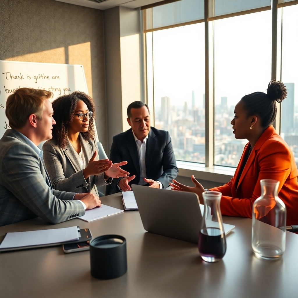 An ultra-high-quality, photorealistic image, shot in dramatic side lighting, showcasing a diverse group of three individuals – two coaches and one interviewee – engaged in a mock job interview. The setting is a modern, well-appointed conference room with large windows allowing soft natural light to filter in. The mood is serious but encouraging. The color palette consists of calming neutral colors and accents of bold, strategic colors to highlight the action and importance of the event. The camera angle is eye-level, capturing the dynamic interaction between the participants. Texture and materials include the fine fabrics of the clothing, the smooth conference table, and the rich textures of the wall coverings.  The background includes a whiteboard with motivational keywords and a partially visible city skyline. Props include professionally-bound documents, a laptop, and a water carafe. The style is photojournalistic, resembling the work of Steve McCurry, conveying raw emotion and realism. 8K resolution. Ultra-detailed. Emphasize body language, hand gestures, eye contact, and the intensity of the situation.