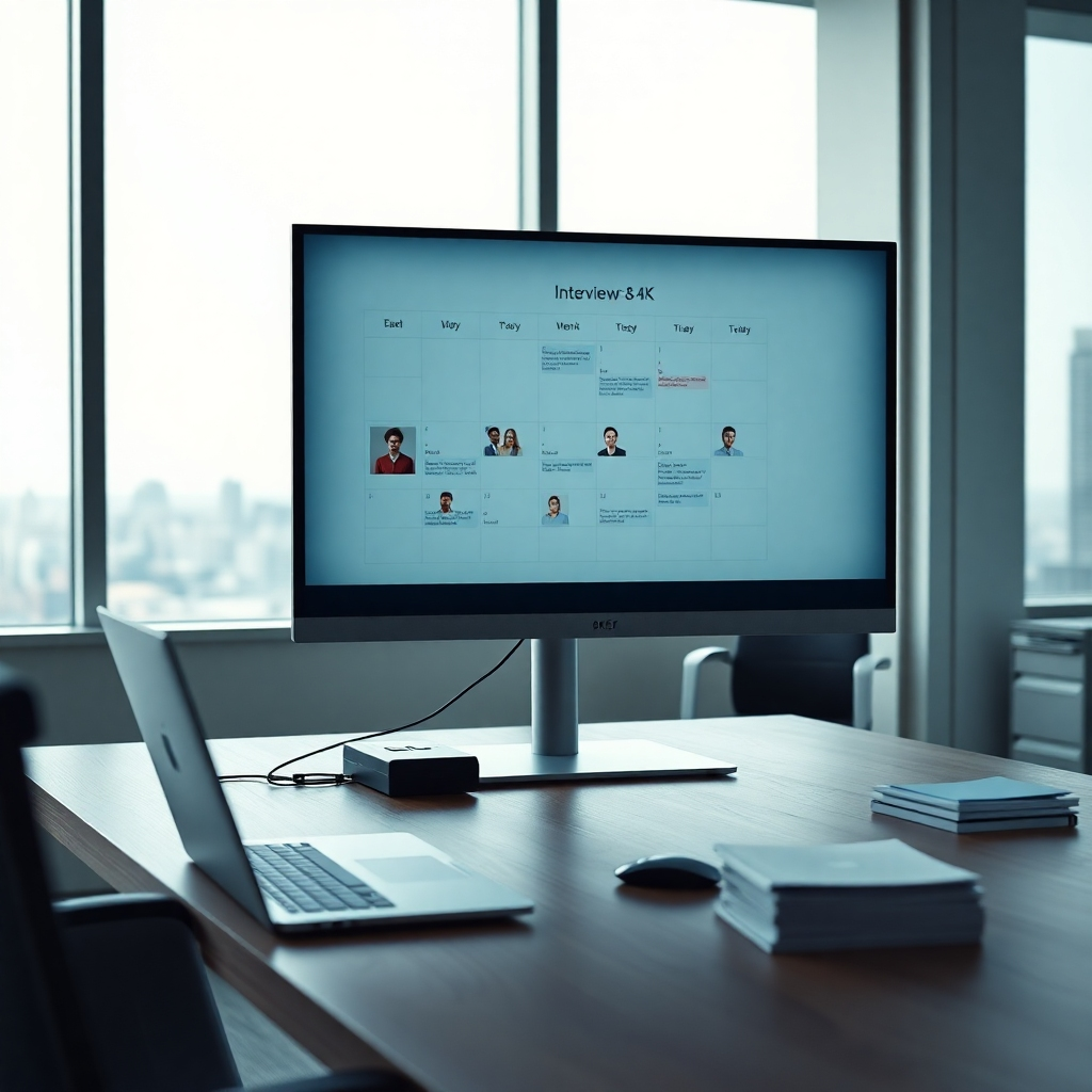 An ultra-high-resolution (8K), hyperrealistic image portraying a clean, minimalist office space. The scene features a sleek calendar application displayed on a large monitor, showcasing various scheduled interviews with diverse candidate profiles (photos subtly visible). The room is illuminated by soft, indirect lighting from large windows, creating a calm and professional ambiance. The color palette is muted, with soft grays, blues, and whites dominating, evoking a sense of organization and efficiency. A high-angle perspective, slightly offset, provides a clear view of the screen and the organized workspace. Fine details are crucial:  the subtle reflections on the monitor, the texture of the desk, and the sophisticated design of the office furniture.  Textures include the smooth glass of the monitor, the subtle grain of the wooden desk, and the soft plushness of an office chair partially visible in the corner. The style should emulate a clean, modern aesthetic, similar to the work of Peter Lindbergh, emphasizing clarity and minimalism.  Props include a high-end laptop, wireless keyboard and mouse, and a well-organized stack of documents, suggesting a seamless interview workflow. The background shows a subtly blurred cityscape through the large window, hinting at the global reach of the recruiting process. The overall mood is calm, controlled, and efficient, reflecting the smooth workflow of the interview scheduling process.