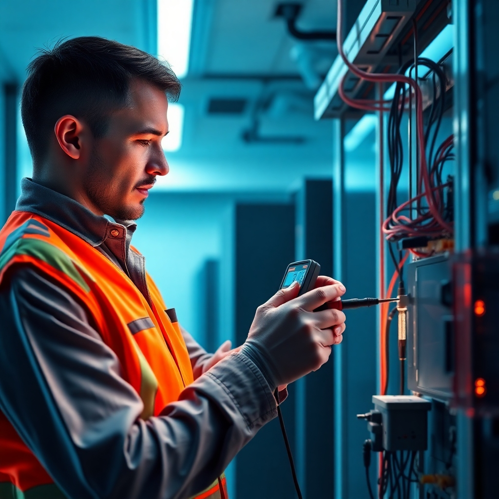 An ultra-high resolution (8K), hyperrealistic image of an electrician meticulously troubleshooting an electrical fault within a modern, sleek office space. The scene is lit with cool, professional lighting, possibly from recessed lighting and the soft glow of computer monitors. The color palette is a blend of cool blues and grays of modern office design contrasted with the warm tones of the electrician's tools and lighting. The camera angle is a medium shot, capturing the electrician in action with a focused expression. The electrician is wearing a clean uniform and high-visibility safety vest. The image should depict a detailed view of the electrician utilizing advanced testing equipment like a multimeter or thermal imager, and clearly show a technical aspect of the troubleshooting process. The image showcases the professional and efficient manner of the service.  Materials should be highly textured, including the smooth plastic of the testing equipment, the metallic surfaces of the electrical components, and the fine details of the wiring. The background includes partially visible computer servers and a clean office environment. The style is reminiscent of high-end product photography by renowned commercial photographers, specifically those advertising advanced technologies.  Focus on fine details, using realistic materials and sharp focus throughout the entire image.