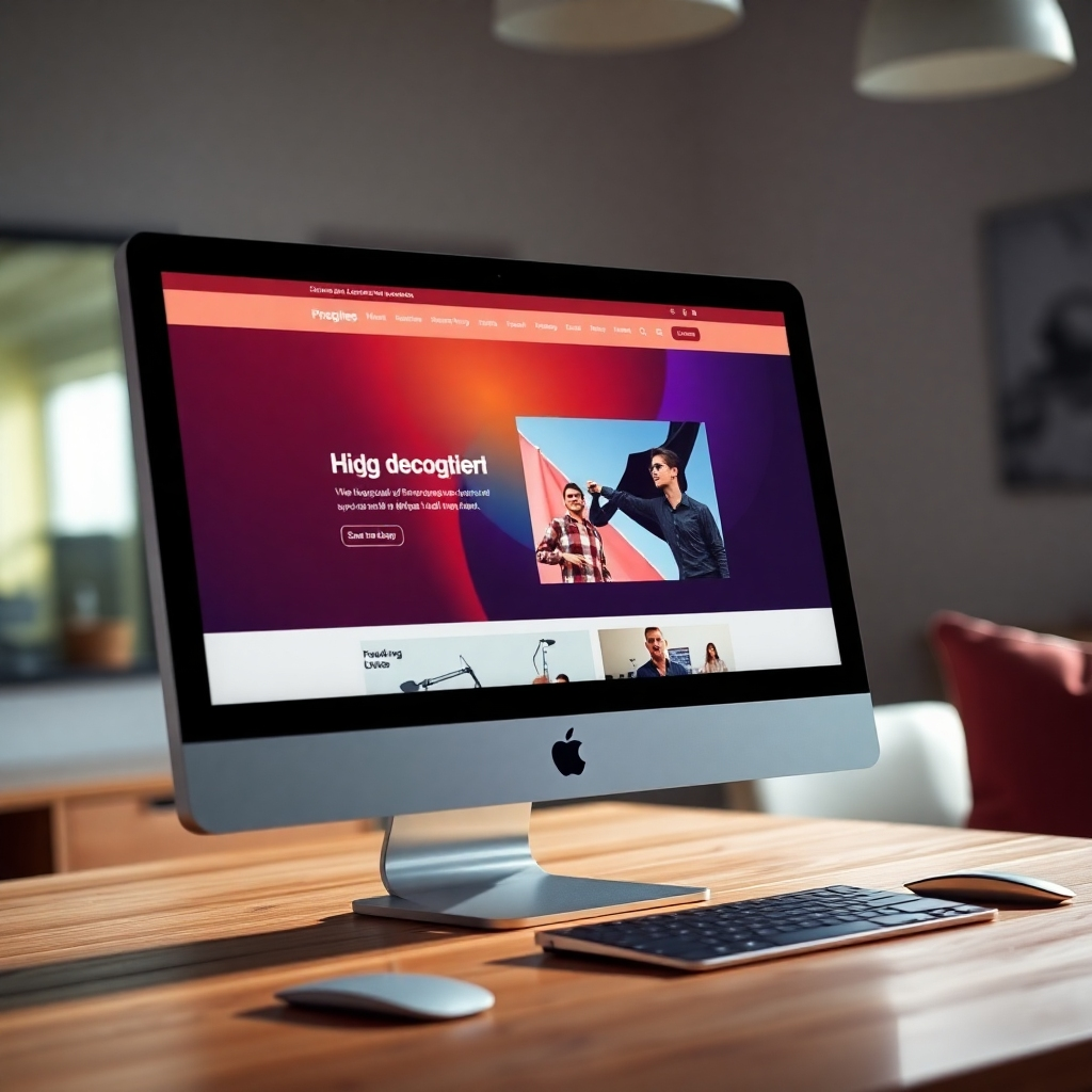 An ultra-high-resolution (8K), hyperrealistic image depicting a close-up view of a vibrant, custom-designed website displayed on a high-end iMac. Dramatic side lighting illuminates the screen, highlighting the website's design elements. The color palette is bold and striking, with contrasting colors creating visual interest. The composition focuses on a key section of the website, showing high-quality imagery and typography.  Textures are highly detailed – think the smooth grain of a wooden desk, the subtle texture of the fabric on a nearby cushion. The background is out of focus but suggests a bright, modern workspace. The website itself should showcase a sophisticated, modern design with clean lines and excellent typography. It should reflect the aesthetic of high-end branding agencies, in the style of a leading commercial photographer. Pay close attention to subtle details such as reflections and shadows for an enhanced sense of realism.