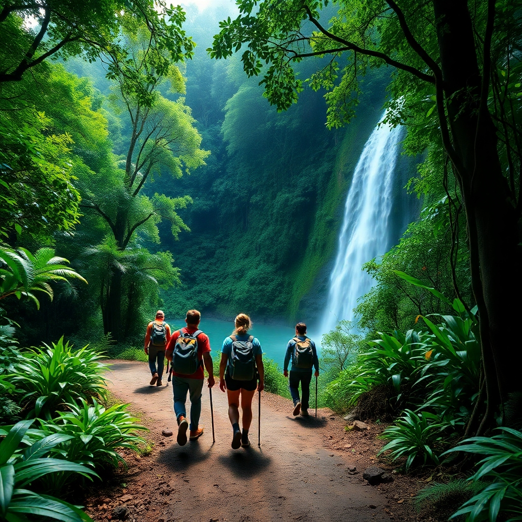 An ultra-high-resolution (8K), hyperrealistic image showcasing a small group of hikers on an adventurous eco-tour through a lush rainforest. The composition should feature a winding trail leading towards a majestic waterfall, with vibrant green foliage surrounding the hikers. The lighting should be soft and diffused, filtering through the dense canopy above, creating dappled shadows on the forest floor. The color palette should consist of rich greens, vibrant blues, and earthy browns, reflecting the natural beauty of the rainforest.  The camera angle should be from a slightly elevated position, providing a wide-angle view of the scene, highlighting the scale and beauty of the surrounding environment.  Textures should include the rough bark of trees, the moist earth of the trail, and the smooth, flowing water of the waterfall.  The background includes a dense rainforest canopy, creating a sense of depth and immersion. The mood should be one of adventure and wonder, inspiring a sense of awe and respect for nature. The style should be reminiscent of the wildlife photography of Frans Lanting, emphasizing the intricate details and textures of the natural world. The image should evoke a sense of tranquility and serenity while highlighting the adventure aspect.
