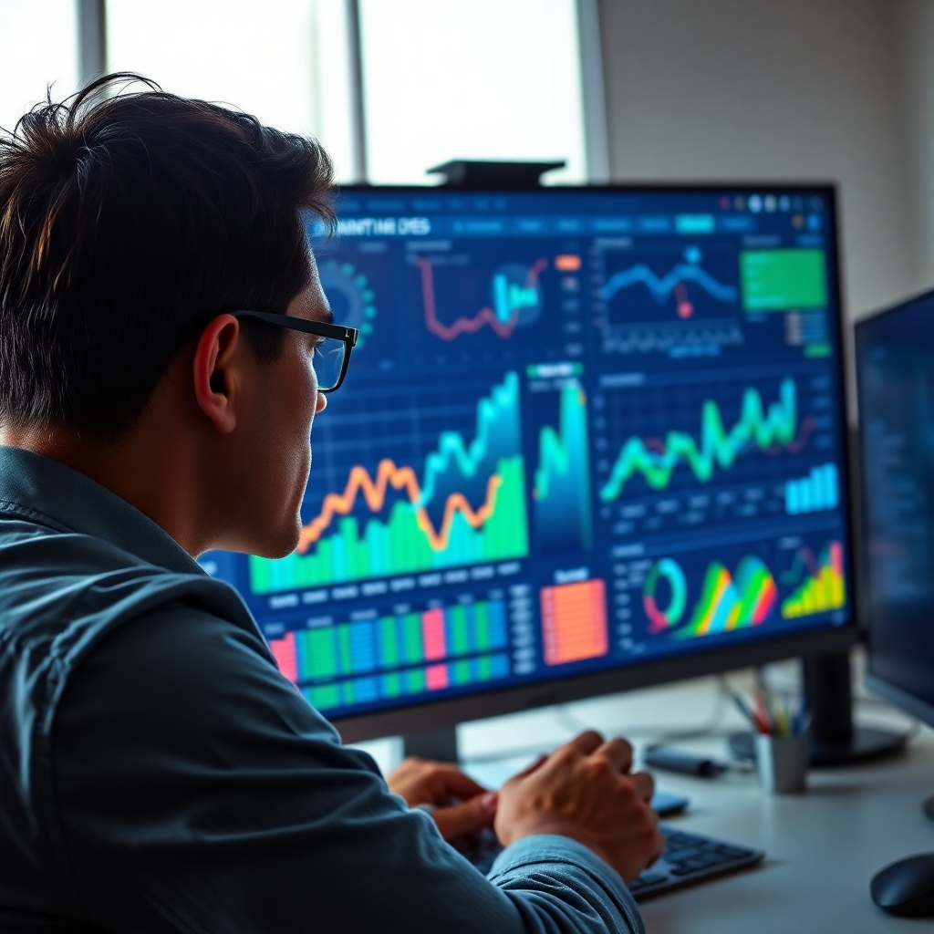 An ultra-high-resolution, photorealistic image (8K) depicting a person intently studying a large, vibrant monitor displaying intricate data visualizations related to affiliate marketing campaign performance.  The lighting is a combination of soft ambient light and focused task lighting on the monitor.  The color palette is rich and sophisticated, using deep blues, greens, and oranges to represent different data points.  The background subtly shows a modern, clean workspace.  The style should be reminiscent of a high-end technology company advertising campaign, with a slightly cinematic feel, perhaps similar to the work of Platon.  Focus should be on the detailed graphics on the screen, showing clear, high-contrast data. The person is shown from the shoulders up, subtly illuminated, with a focused, analytical expression.   The texture of the monitor should be sleek and glassy, contrasting with the matte texture of the person's desktop.  The image projects confidence and efficiency.  Environmental details include minimalistic desk organizers and high-tech peripherals suggesting a professional and organized work environment. The overall mood is one of professionalism, success, and analytical precision.