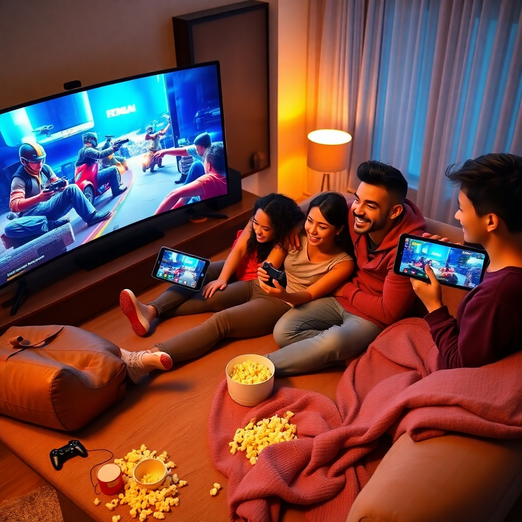 Create a photorealistic, ultra-high definition (8K resolution) header image for an online entertainment website. The image should feature a diverse group of happy people, of varying ages and ethnicities, enjoying different forms of online entertainment simultaneously.  Specifically, one person is engrossed in a vibrant, action-packed video game on a large curved screen, another is comfortably watching a movie on a tablet with a captivating scene displayed, while a third is engaged in a lively online multiplayer game on their smartphone, showcasing exciting in-game graphics. The lighting should be soft and warm, with a subtle cinematic glow emanating from the screens.  The color palette should be vibrant and energetic, with a mix of deep blues, bright reds, and warm yellows to represent the diversity of entertainment options. The camera angle should be a high-angle, slightly overhead shot, giving a dynamic and inclusive perspective. The textures should be hyperrealistic, highlighting the smooth glass of the screens, the soft texture of the clothing, and the subtle grain of the wooden furniture. The environment should be a modern and stylish living room, with sleek furniture and ambient lighting.  Include subtle details such as a spilled popcorn bowl, scattered game controllers, and a cozy blanket for a lived-in feel. Style references should include the work of  Annie Leibovitz and cinematic stills from high-budget action movies. The overall mood should be one of fun, excitement, and connection. The final image should be hyperrealistic, with an emphasis on detail and depth, conveying a sense of immersion and engagement., ultra high resolution, photorealistic, 8K, hyperdetailed, cinematic lighting
