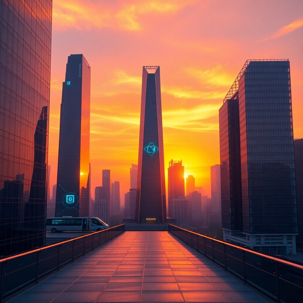 Create a photorealistic, ultra-high-quality header image (8K resolution, hyperrealistic style) for a DeFi company named 'Financial Decentralization'. The image should feature a stylized, futuristic cityscape at sunset, with sleek, transparent skyscrapers representing decentralized finance.  The color palette should be warm and inviting, with shades of orange, purple, and deep blue dominating the sunset sky. The overall mood should be optimistic and technologically advanced, conveying a sense of security and innovation. The camera angle should be a wide shot, slightly elevated, showcasing the vastness of the cityscape. Focus should be sharp, with a shallow depth of field gently blurring the background.  The textures should be highly detailed: reflective glass skyscrapers, smooth concrete pathways, and subtly textured sky. Environmental elements include a clear, vibrant sunset sky, and subtle atmospheric haze to add depth.  Relevant props could include subtly glowing holographic displays showcasing financial data (charts, graphs, etc.) within the cityscape.  The style should be inspired by the works of Syd Mead and Blade Runner 2049, aiming for a blend of futuristic sleekness and organic warmth.  The image should subtly incorporate the 'Financial Decentralization' logo—a stylized, minimalist design—perhaps subtly incorporated into one of the skyscrapers or a holographic display. Materials should look realistic: polished glass, cool metal accents, warm-toned concrete.  The lighting should be a mixture of soft, warm sunset light and subtle ambient lighting from the city below, to create a dramatic yet inviting scene., ultra high resolution, photorealistic, 8K, hyperdetailed, cinematic lighting