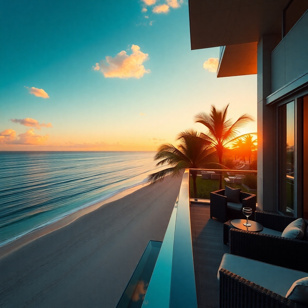 Create a photorealistic, ultra-high quality 8K resolution image for a hotel website header. The image should feature a breathtaking view from a luxurious hotel balcony overlooking a stunning tropical beach at sunset.  The composition should be a wide shot, showcasing the expansive ocean view, the palm trees silhouetted against the fiery sunset, and a portion of the modern, sleek hotel balcony. The lighting should be a warm, golden hour sunset, with soft, diffused light illuminating the scene. The color palette should be vibrant and rich, with deep blues and oranges dominating the sky, contrasted by the soft, sandy beige of the beach. The mood should be luxurious, relaxing, and aspirational. The camera angle should be slightly elevated, offering a captivating perspective of the scene.  Textures and materials should be highly detailed; the smoothness of the hotel's glass and metal, the roughness of the sand, and the soft texture of the palm leaves.  The environment should include the details of a high-end resort, with subtle hints of luxury, like a partially visible infinity pool or a well-manicured lawn in the background. The balcony itself should include luxurious details such as comfortable outdoor furniture, and perhaps a glass of wine and fresh fruit on a small table.   Stylistically, reference the work of renowned travel photographers such as Steve McCurry and Peter Lik for inspiration.  The image should be hyperrealistic, with a level of detail that rivals reality, exhibiting a depth of field that draws the viewer's eye to the panoramic view.  Focus on sharp details and realistic textures and lighting effects.  The overall style should evoke a sense of luxury, tranquility, and escape., ultra high resolution, photorealistic, 8K, hyperdetailed, cinematic lighting