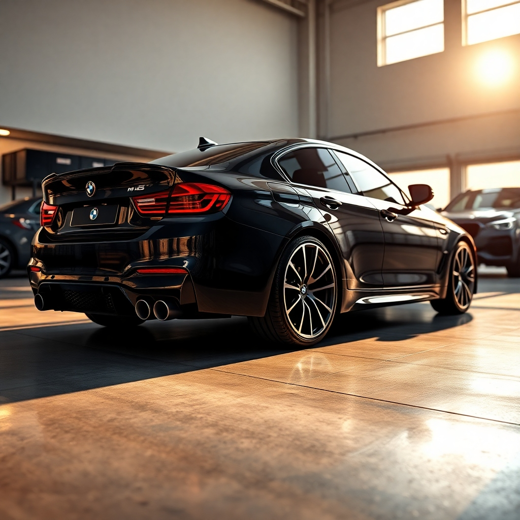 Create a photorealistic, ultra-high-definition (8K resolution) header image for a car detailing business.  The image should feature a sleek, black luxury sedan (e.g., a BMW M5 or similar) gleaming under the soft, warm light of a late afternoon sun. The car should be positioned slightly off-center, angled to show off its curves.  The background should be a clean, modern garage setting with polished concrete floors, subtle lighting, and hints of other immaculately detailed vehicles visible in the soft background blur.  The lighting should be soft and diffused, enhancing the car's glossy paint and highlighting its details – particularly the reflections on the bodywork. The color palette should be rich and luxurious, focusing on deep blacks, reflective highlights, and subtle warm tones. The overall mood should be sophisticated and aspirational. The camera angle should be slightly elevated, giving a dynamic yet elegant perspective. Emphasize the textures; the smooth, polished paint of the car, the subtle grain of the concrete, and the soft sheen of any detailing materials subtly placed in the background (e.g., microfiber cloths). The image style should be inspired by high-end automotive photography, emulating the work of renowned automotive photographers.  The final image should be hyperrealistic, with exceptional detail and a highly polished finish, showcasing the transformative power of professional car detailing., ultra high resolution, photorealistic, 8K, hyperdetailed, cinematic lighting