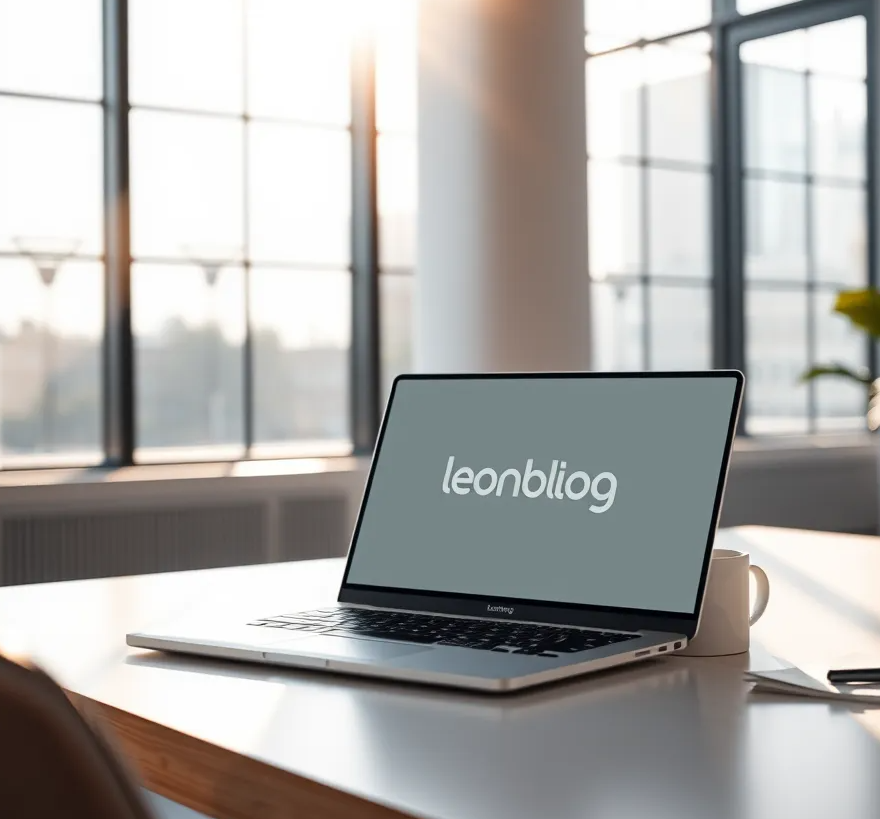 Generate a photorealistic, ultra-high quality header image for leonblog. The image should depict a modern, minimalist office space with large windows. Sunlight streams in, creating a warm and inviting atmosphere. A laptop with a leonblog logo on the screen sits on a sleek, white desk. A cup of coffee and a notepad with a pen are nearby. The composition should focus on the laptop and the surrounding objects, with a blurred background showcasing the office space. Use a muted color palette of light blues, grays, and whites, emphasizing the clean and professional aesthetic of the brand. Capture the image from a slightly low angle, creating a sense of depth and perspective. Aim for an 8K resolution with hyperrealistic detail, showcasing the texture of the wood desk, the gleam of the laptop screen, and the fine details of the office space.  The image should be reminiscent of high-end technology and productivity, reflecting the essence of leonblog., ultra high resolution, photorealistic, 8K, hyperdetailed, cinematic lighting