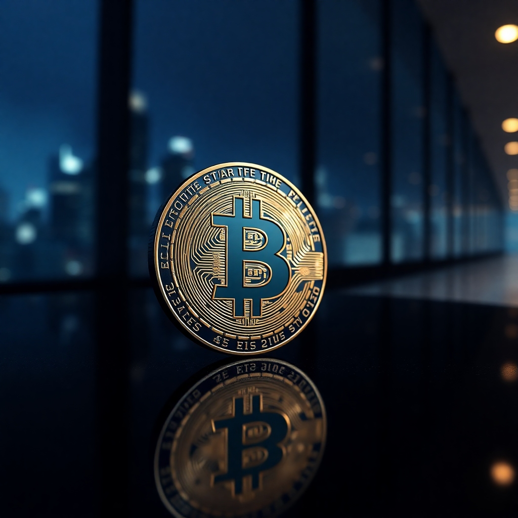 Generate a photorealistic, ultra-high-quality header image (8K resolution, hyperrealistic) for a Bitcoin business.  The image should feature a close-up shot of a gleaming, metallic Bitcoin, subtly illuminated from the top left, casting a soft shadow on a dark, polished surface. The Bitcoin should be the central focus, occupying approximately 60% of the frame. The remaining space should feature a blurred, out-of-focus background suggesting a modern, minimalist cityscape at night, visible through a large panoramic window.  The color palette should be dark and sophisticated, with deep blues, blacks, and metallic gold accents reflecting on the Bitcoin's surface. The overall mood should be one of security, sophistication, and trust. The camera angle should be slightly elevated, providing a dynamic perspective. The Bitcoin's texture should be meticulously detailed, showcasing its intricate design and metallic sheen.  The surface beneath the Bitcoin should be a dark, reflective material like polished obsidian, enhancing its lustrous quality.  The city lights in the background should add a subtle glow, highlighting the Bitcoin's reflective properties. The style should reference high-end technology and financial advertising, similar to campaigns by major tech companies or luxury brands.  Pay close attention to detail; the image needs to convey a sense of premium quality and instill confidence in the viewer.  Consider subtle reflections on the Bitcoin surface that mirror the city lights and textures of the background., ultra high resolution, photorealistic, 8K, hyperdetailed, cinematic lighting
