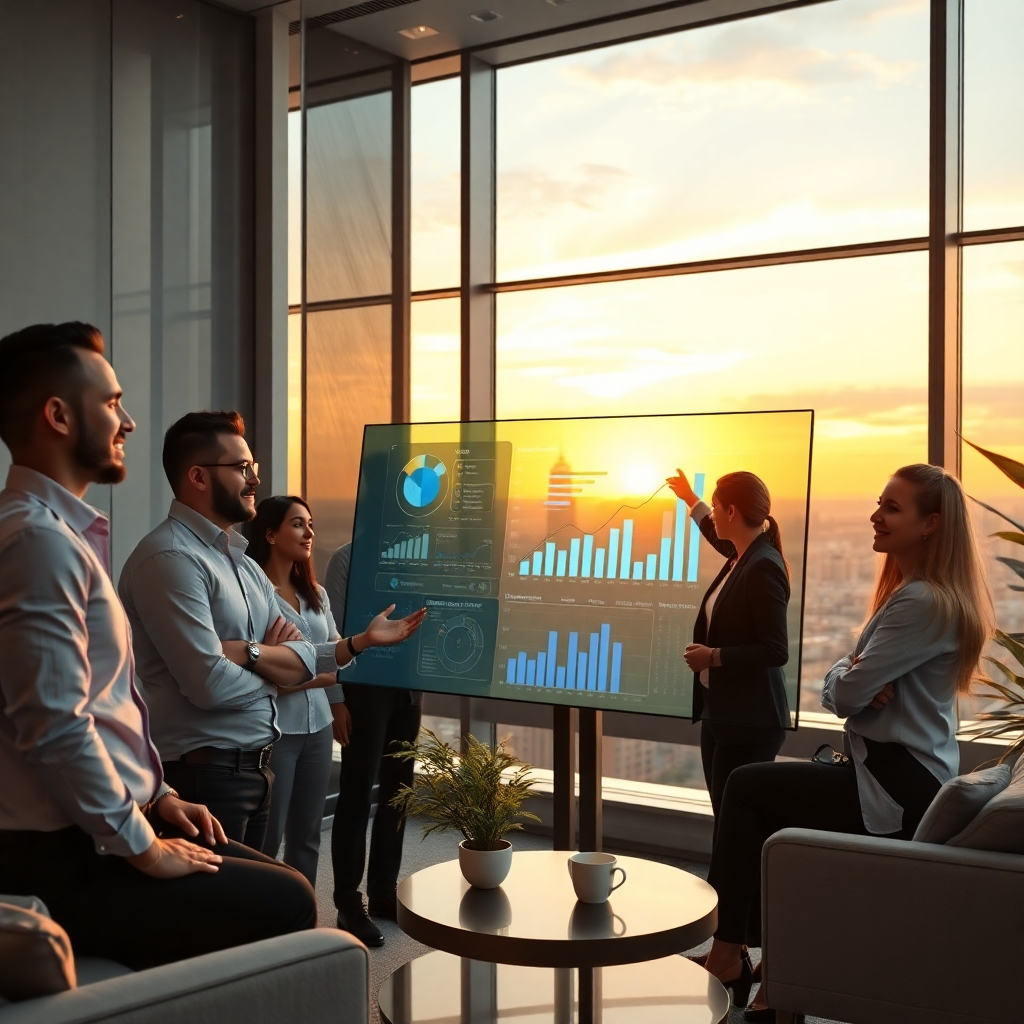 Generate a photorealistic, ultra-high-resolution (8K) header image depicting a diverse team of confident professionals collaborating around a large, sleek, interactive touchscreen display.  The display showcases dynamic data visualizations and charts representing business growth. The scene should be set in a modern, minimalist, yet stylish office space with floor-to-ceiling windows offering a view of a vibrant cityscape at sunset. The lighting should be soft and warm, emphasizing the collaborative atmosphere with a focus on natural light from the large windows. The color palette should be sophisticated and calming: muted blues, grays, and accented with warm golds. The mood should be optimistic, energetic, and professional, conveying a sense of innovation and success. The camera angle should be slightly elevated, offering a dynamic perspective that showcases the entire team's engagement. Textures should be realistic and high-quality; smooth glass surfaces of the display, the soft texture of fabrics in clothing, and the sleek surfaces of modern office furniture.  Environmental elements should include carefully chosen plants to add a touch of nature. Relevant background details should subtly include branding elements, such as a logo subtly placed in the background or a branded coffee mug. The overall style should emulate high-end corporate photography found in publications like Forbes or The Wall Street Journal.  The image should be hyperrealistic, with intricate detail and a focus on realistic material rendering. The image should evoke a feeling of trust, competence, and forward-thinking leadership., ultra high resolution, photorealistic, 8K, hyperdetailed, cinematic lighting
