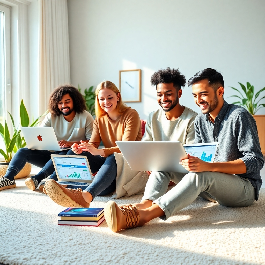 Generate a photorealistic, ultra-high definition (8K resolution) header image depicting a diverse group of successful entrepreneurs (3-4 individuals, various ages and ethnicities) working collaboratively on laptops in a modern, bright, and airy home office.  The lighting should be natural, soft, and diffused, coming from a large window to the left, creating a warm and inviting atmosphere.  The color palette should be vibrant yet calming, featuring soft pastel blues and greens, accented with warm wood tones and natural textures. The mood should feel inspiring, confident, and aspirational. The camera angle should be slightly elevated, looking down at the group from a comfortable distance, emphasizing the teamwork and sense of community.  Textures should include soft, plush carpets, smooth wood surfaces, and the slightly rough texture of natural fabrics such as linen on their clothing. Environmental elements should showcase modern design touches: plants, minimalist décor, and natural light streaming through the large window. Relevant props might include laptops displaying successful affiliate marketing dashboards, smartphones, and perhaps a few relevant books on marketing and entrepreneurship.  The style should reference modern lifestyle photography with a touch of aspirational branding, similar to successful companies such as Apple or Airbnb.  The image needs to appear hyperrealistic, with exceptional detail, including realistic skin tones, fine hair details, and reflections on the tech surfaces.  Focus on creating a visually stunning and high-quality image that embodies the success and freedom associated with affiliate marketing., ultra high resolution, photorealistic, 8K, hyperdetailed, cinematic lighting