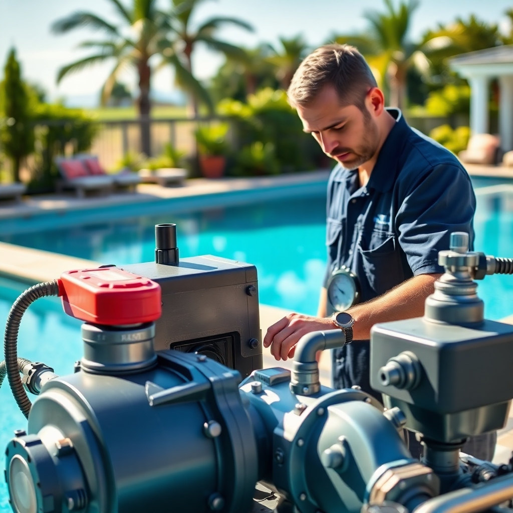 Hyperrealistic image, 8K resolution, cinematic lighting. A professional pool technician is performing a thorough inspection of pool equipment, including the pump, filter, and heating system.  The equipment is clean and well-maintained.  The image should depict a range of equipment, showing the technician’s interaction with each item. Lighting: Dramatic side lighting, casting shadows that highlight the equipment’s textures and details. Color palette: A combination of cool blues and greens from the pool area contrasting with the metallic tones of the equipment. The mood should convey confidence and professionalism. Camera angle: A medium shot, focusing on the technician and the equipment, with a slightly blurred background of a beautiful pool and landscape. Style:  Inspired by National Geographic, emphasizing technical detail and professional expertise. Texture and material: Clearly render the textures of metal, plastic, and rubber parts, highlighting the intricate details of the pool equipment.  Show close-ups of gauges, dials, and other components.  Environmental elements: Part of a lush, attractive poolside environment is visible in the background. 