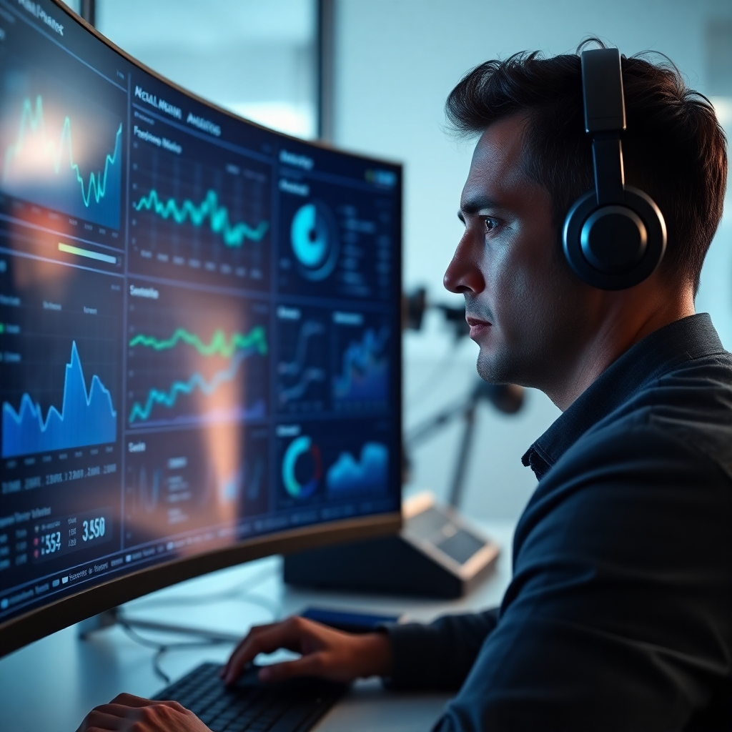 Photorealistic image, 8K resolution, hyperrealistic detail. A businessperson reviewing data on a large, curved monitor showcasing social media analytics dashboards. Dramatic side lighting highlighting the data on the screen. Cool color palette with accents of blue and green to represent technology and data. Close-up shot, focusing on the data and the businessperson’s expression. Monitor texture: sleek, glossy glass. Props: keyboard, mouse, headphones. Background: Minimalist, modern office.  Style reference: Steve McCurry. Mood: serious, focused, analytical, insightful.