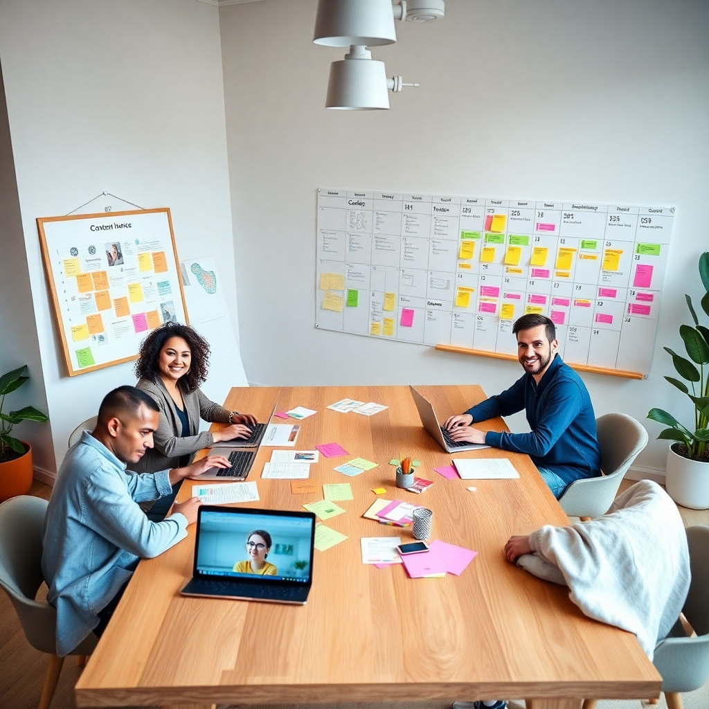 Photorealistic image, 8K resolution, hyperrealistic detail.  A diverse team of three social media managers sits around a large, light oak table in a modern, bright office. Soft, diffused lighting illuminates the scene. The table is scattered with mood boards, laptops displaying social media analytics, and colorful sticky notes with content ideas.  A large whiteboard displays a detailed content calendar for the next quarter. The overall color palette is warm and inviting, with muted earth tones and pops of bright brand colors. Camera angle is slightly elevated, looking down at the team. The team appears relaxed, collaborative, and highly engaged in their work.  Textures include smooth wood, crisp paper, and soft fabrics. In the style of Annie Leibovitz, emphasizing natural poses and authentic interactions.  The background features modern minimalist office decor with plants adding a touch of nature.  The image should evoke a feeling of creativity, organization, and strategic planning.
